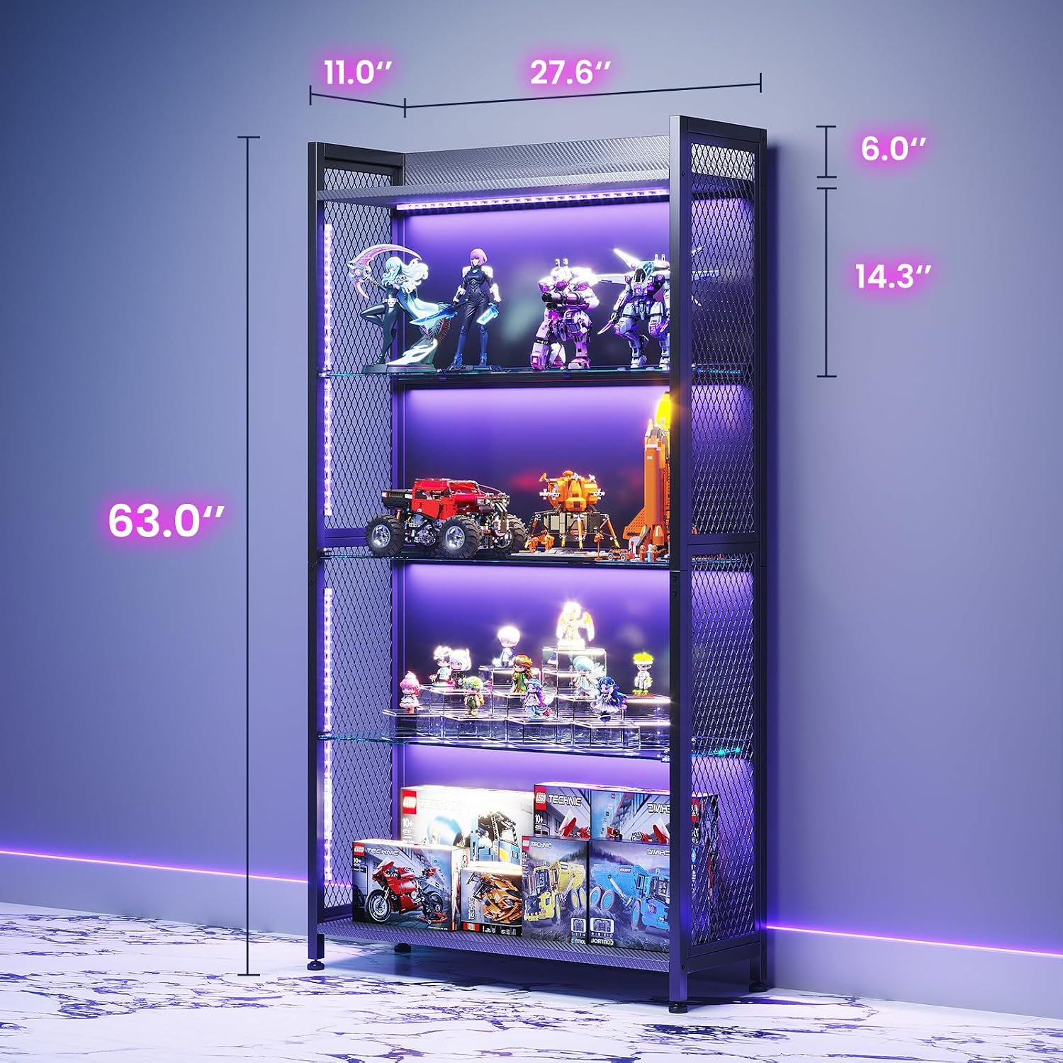 AODK Display Case with Glass Shelves, 4-Tier Display Cabinet with RGB Lights and Industrial Metal Mesh, Black Display Shelf