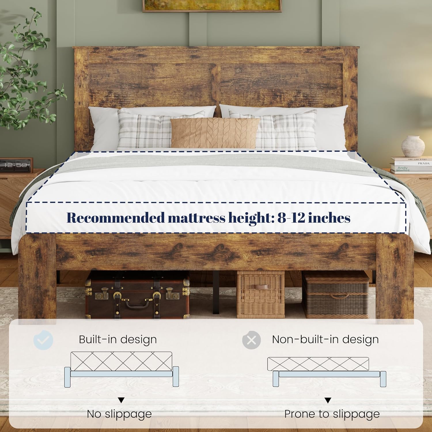 Queen Wood Platform Bed Frame, Queen Size Bed Frame with Headboard, Rustic Farmhouse Furniture, Sturdy Frame and Metal Slats, Noiseless, No Spring Box Required, Easy Assembly, Vintage Brown