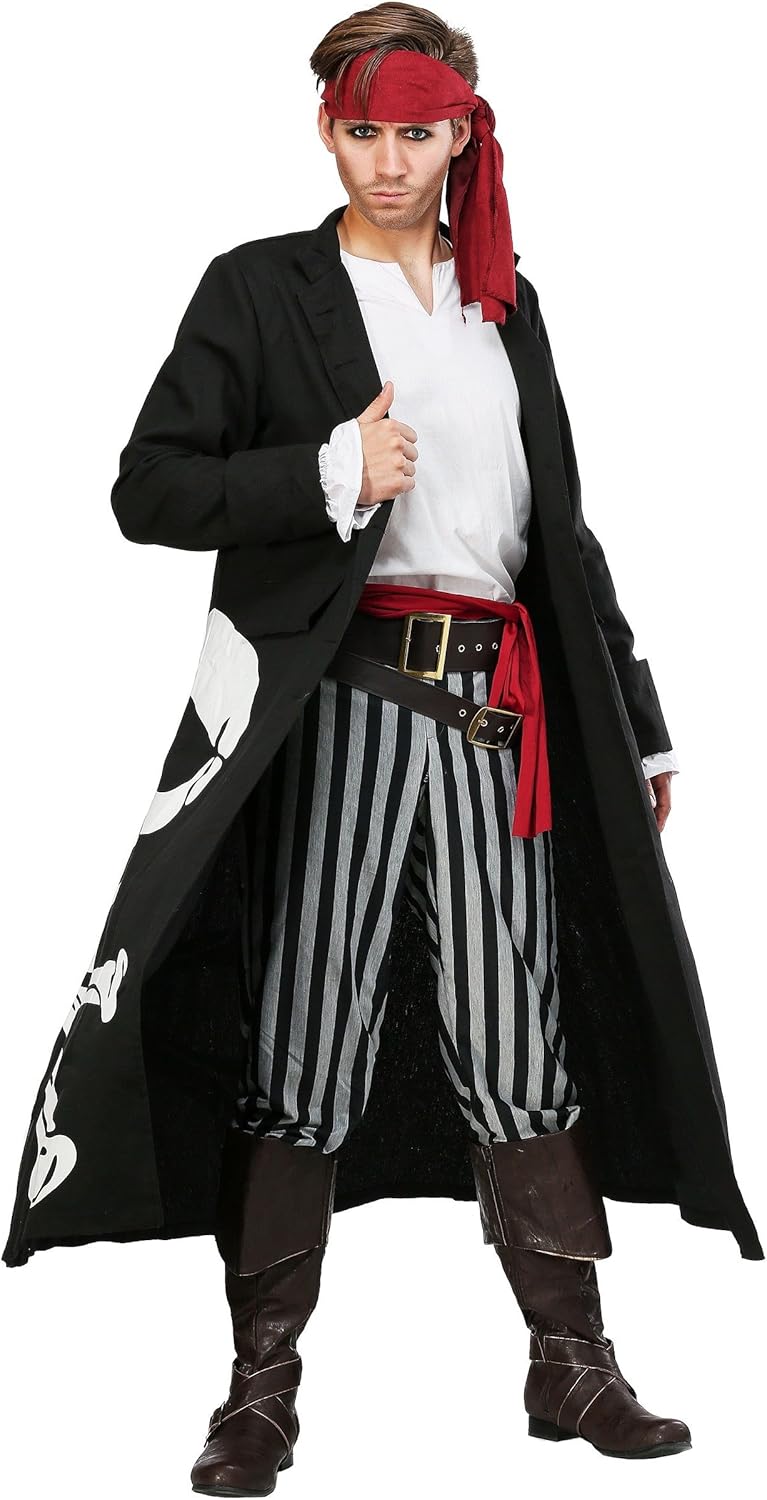Men Plus Size Pirate Flag Captain Halloween Costume | Authentic Pirate Outfit | Included Shirt, Pants, Coat, Scarf & 2 belts