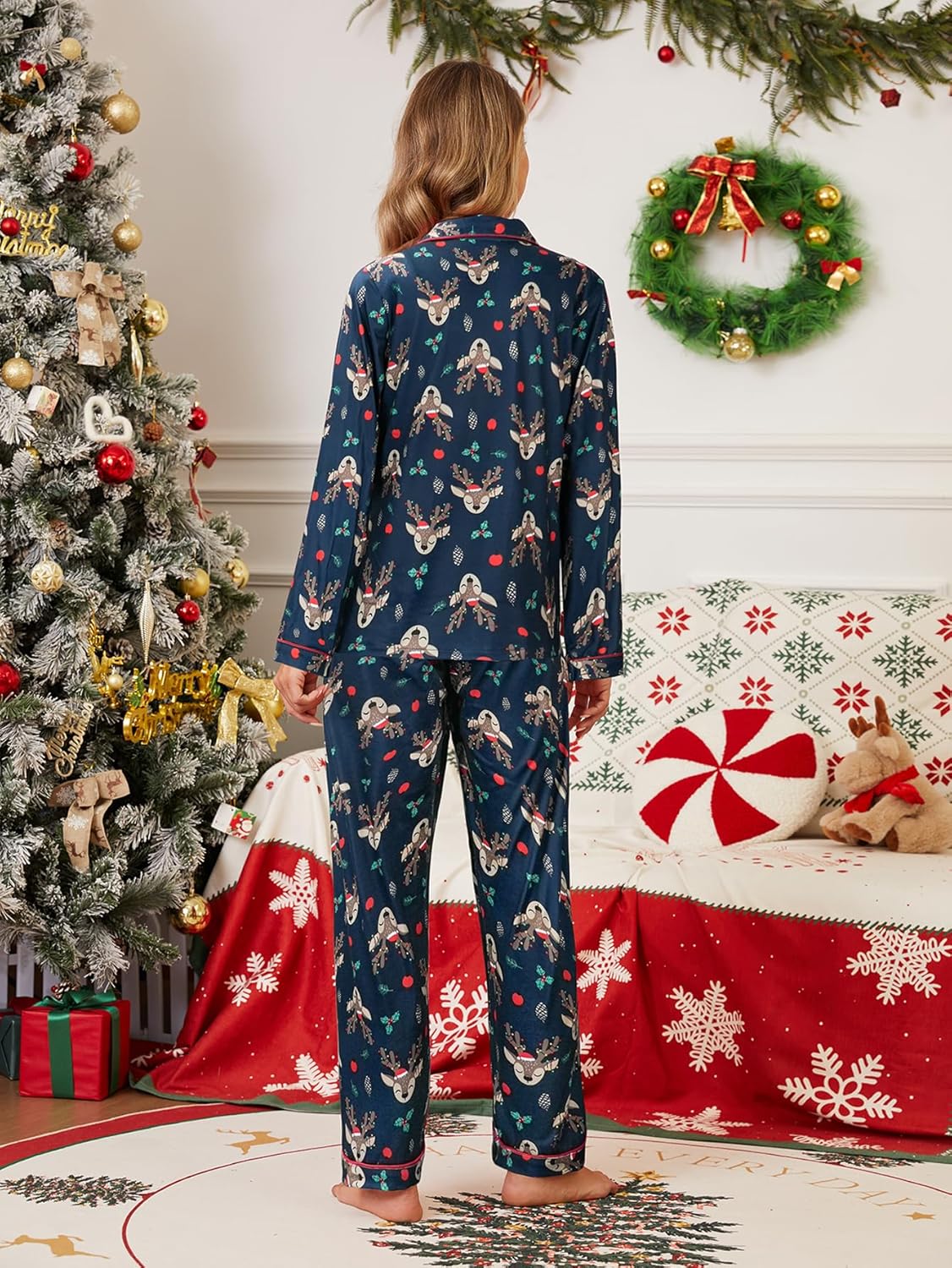 VENTELAN Family Christmas Satin Pajamas Matching Set Silk Long Sleeve Button Down Pjs Sets Holiday Sleepwear for Couples Kids - Image 3
