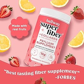 Bellway Super Fiber Powder + Collagen, Sugar-Free Psyllium Husk Powder with Collagen Peptides and Hyaluronic Acid for Gut Health, Healthy Skin, Nails, Bones & Joints, Strawberry Lemonade (11 Servings)