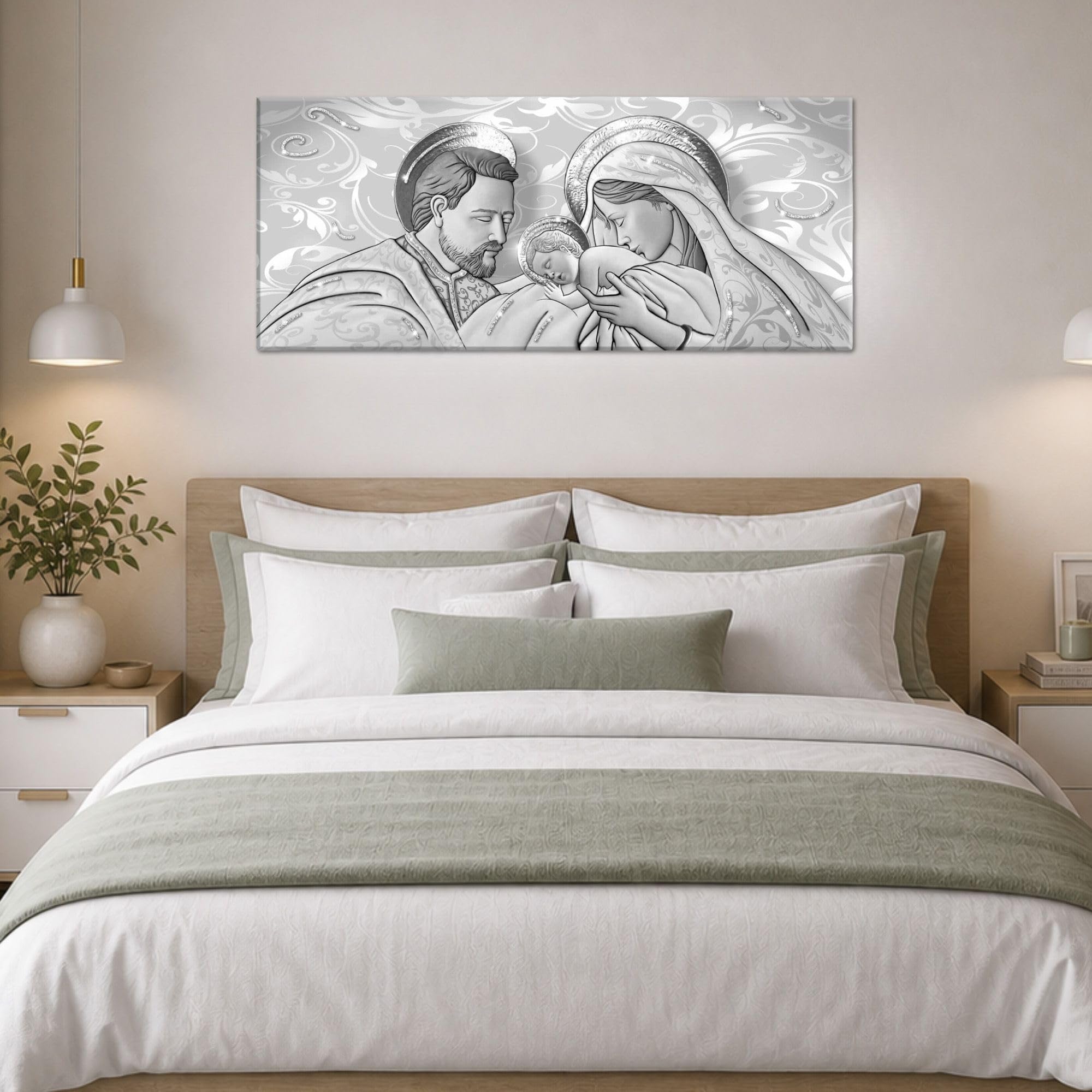 Lupia - Quadro Moderno Sacra Famiglia, su tela poliestere con brillantini Glitter, Natività BRILLANT 52x122 cm THE KISS SHABBY GREY, Adatto per Soggiorno e capezzale Camera da Letto, Grigio