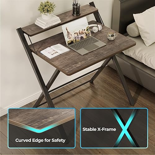 Miniatura 6 de GreenForest Escritorio plegable sin montaje, escritorio compacto de 2 niveles para computadora con estante, mesa plegable que ahorra espacio para
