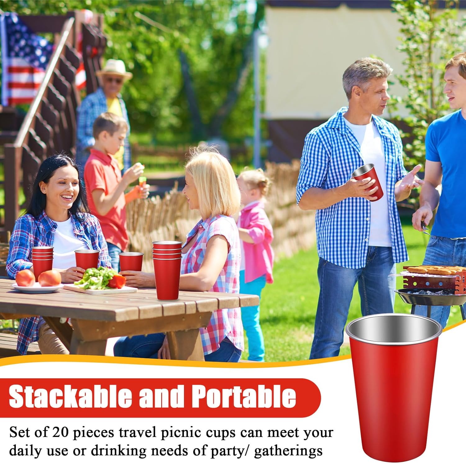 Mimorou 20 Pack Stainless Steel Pint Cups Metal Cups Unbreakable Drinking Water Tumblers Stackable Tumbler for Adults Bar Home Restaurant Travel Picnic Camping Outdoor (Red,16 oz)
