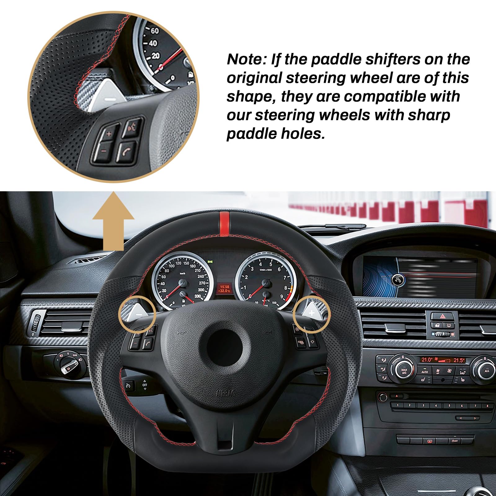 Vollleder - Lenkrad Perforiertes Leder Griff D-förmige flache Unterseite Lenkrad für BMW M Sport 1/3 Series M3/E88 E90 E91 E92 E93 2005-2012(mit scharfen Paddellöchern)