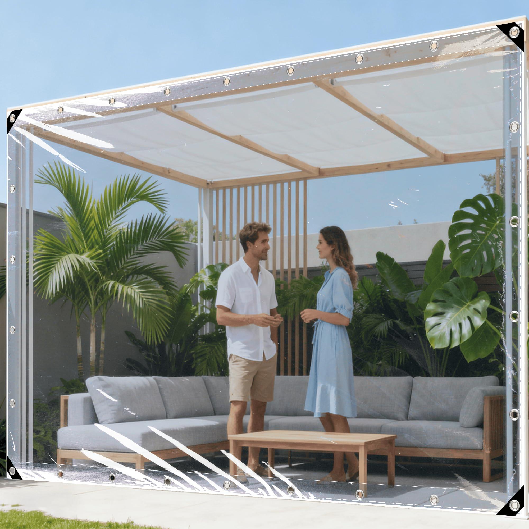 Plandeka Wodoszczelna Przezroczysta 340 x 495 cm Wodoszczelna Z Oczkami Plandeka Na Meble Ogrodowe, Różne Rozmiary Do Mebli Ogrodowych, Przezroczysty kolor
