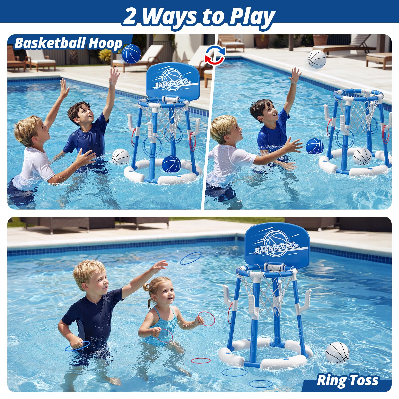 HYES Panier de Basket Flottant pour Piscine, Pool Basketball Hoop, Jouets de Piscine avec 4 Boules 8 Anneaux, Jeu de Basket d'eau en Plein air Intérieur pour Garçons Filles Enfants Adulte, Bleu