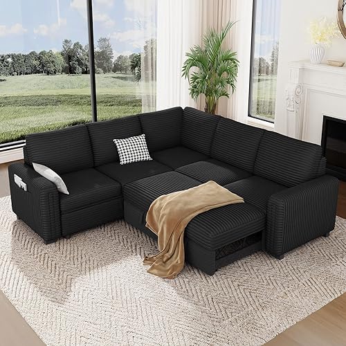 Vesgantti 88.4" Sectional Sleeper Sofa with Pull Out Bed, 5 Seater L Shaped Modular Sectional Couch with Storage, Comfy Corduroy Modular Couch for Living Room, Bedroom, Apartment, Black