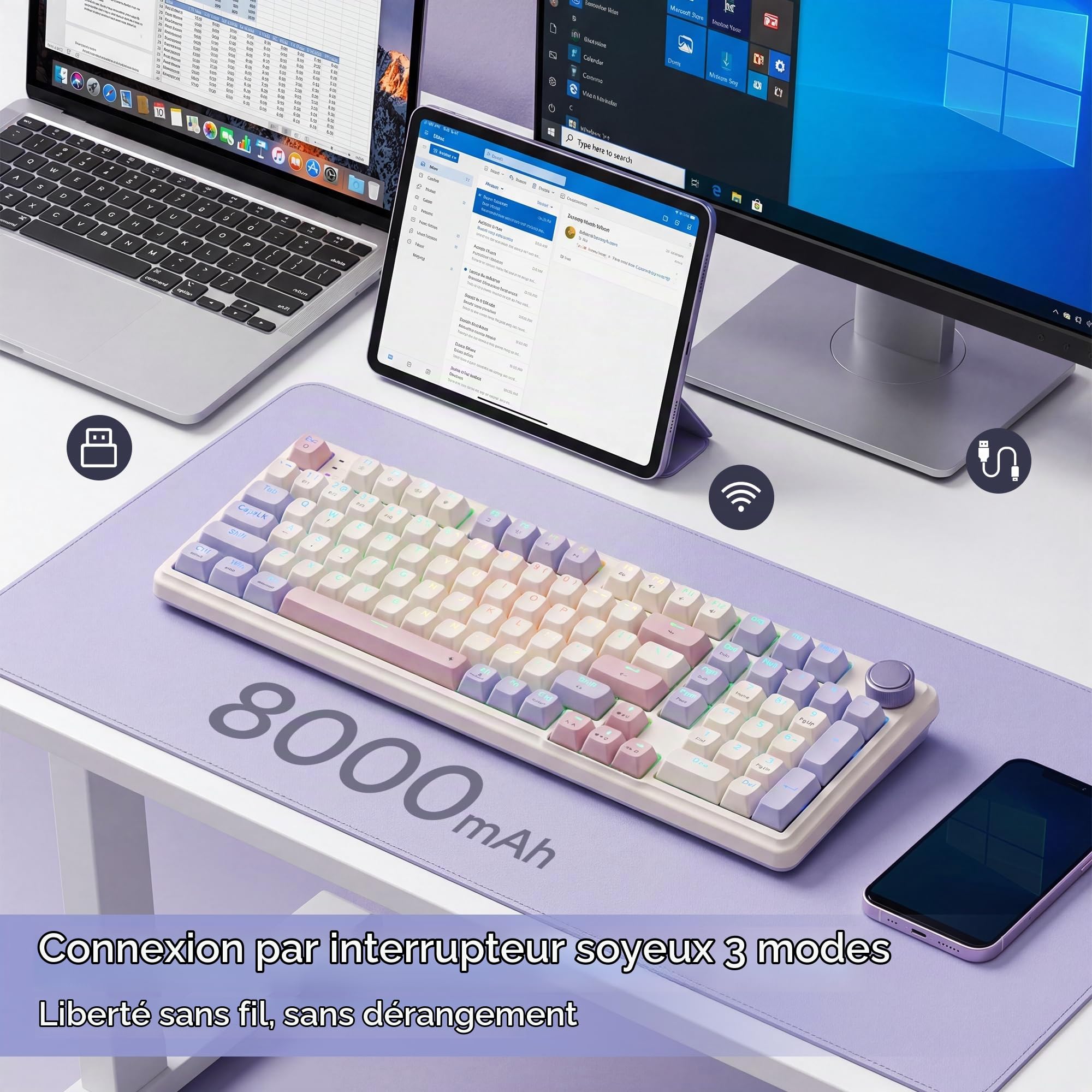 Redragon K768 Pro Clavier sans Fil RVB 100 Touches 8000mAh | Clavier sans fil RVB 100 touches grosse batterie 8000mAh PBT hot swap bouton controle 5 couches amortissement pour jeu