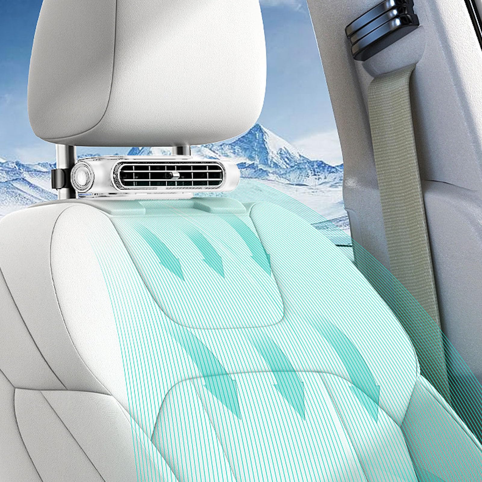 Asixxsix USB Car Cooling Fan, Quiet Bladeless Vehicle Rear Headrest Fan with 3 Adjustable Speeds for All Vehicles Van RV Truck, 3000mah Battery, Universal Compatibility (White)