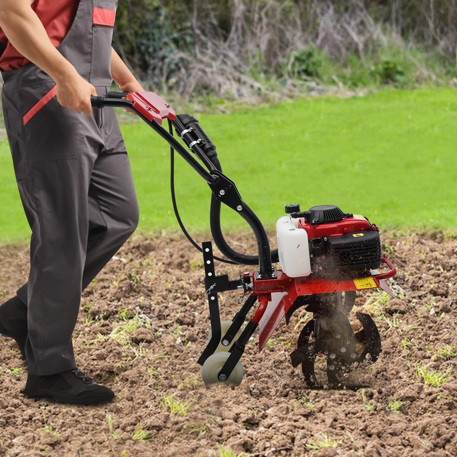 awolsrgiop Full-Size Front Tine Tiller, 63cc Air-Cooled 4-Stroke Engine, Tilling Width Up to 13.78 Inch Adjustable Tilling Depth Up to 5.9