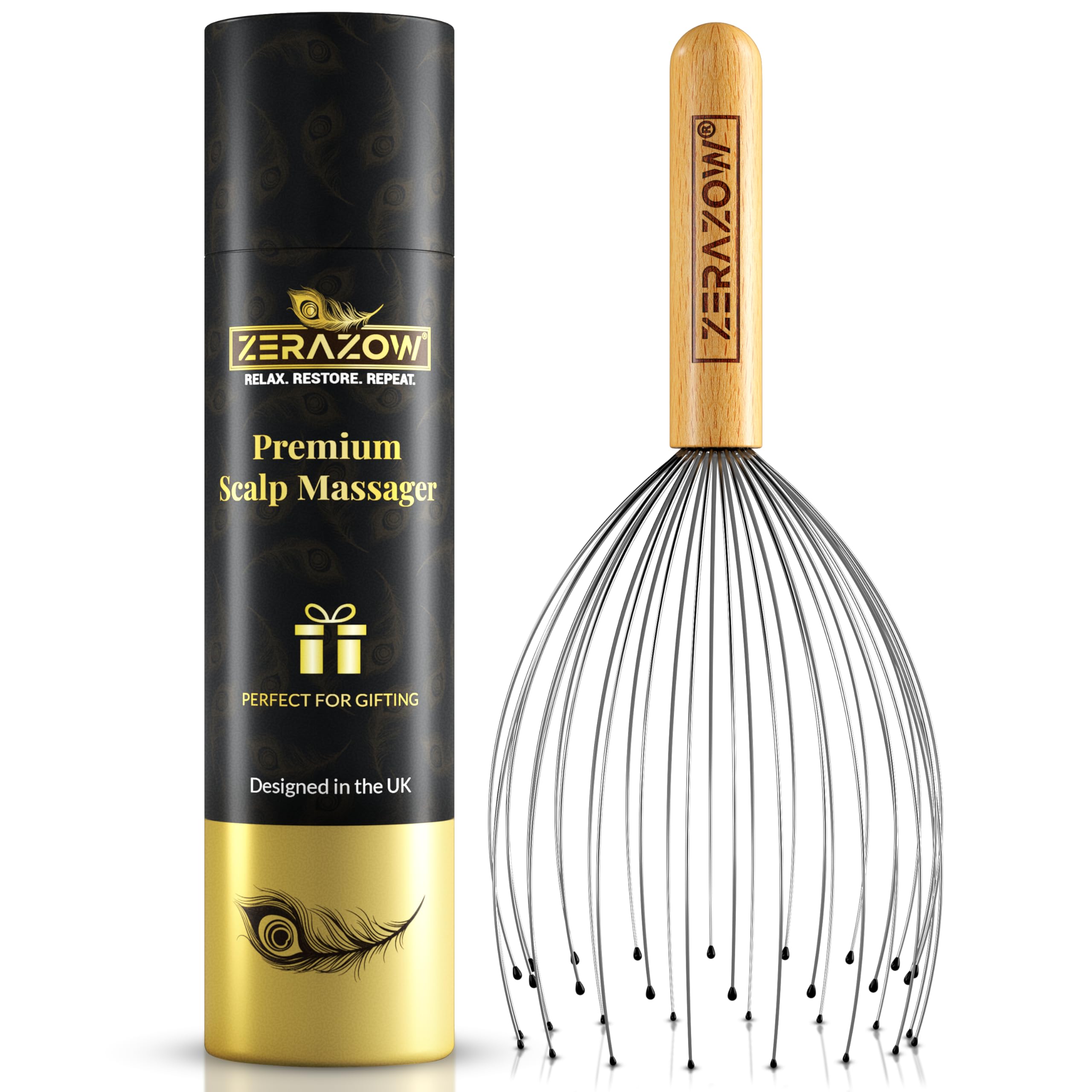 ZERAZOW Head Massager Scalp with 32-Prong Premium Beech Wood Scalp Massager Head Scratcher for Scalp Massage Relaxation Wellness