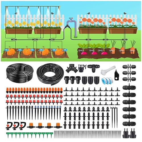 Sistema de riego por goteo de 302 piezas para jardín kit automático de riego por goteo Sistema de riego de plantas con 5 tipos de rociadores para