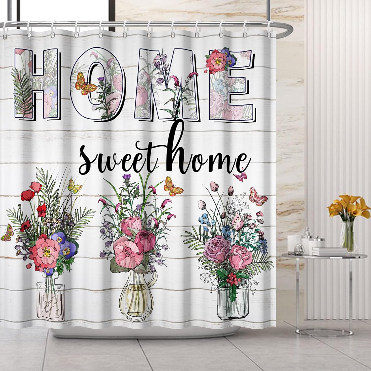 Renaiss Farmhouse Shower Curtain Country Styel Rustic Shower Curtains for Bathroom Home Sweet Home Design Shower Curtains Flower Bathtub Shower Curtain Set with Hooks 72" W x 72" L