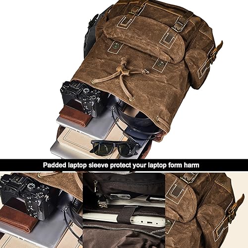 Miniatura 5 de Mochila de tela encerada para hombres, casual, de 15.6" para laptop, Mochilas de mochila Marrón-café,Negro,Marrón oscuro,Gris-oscuro,Verde