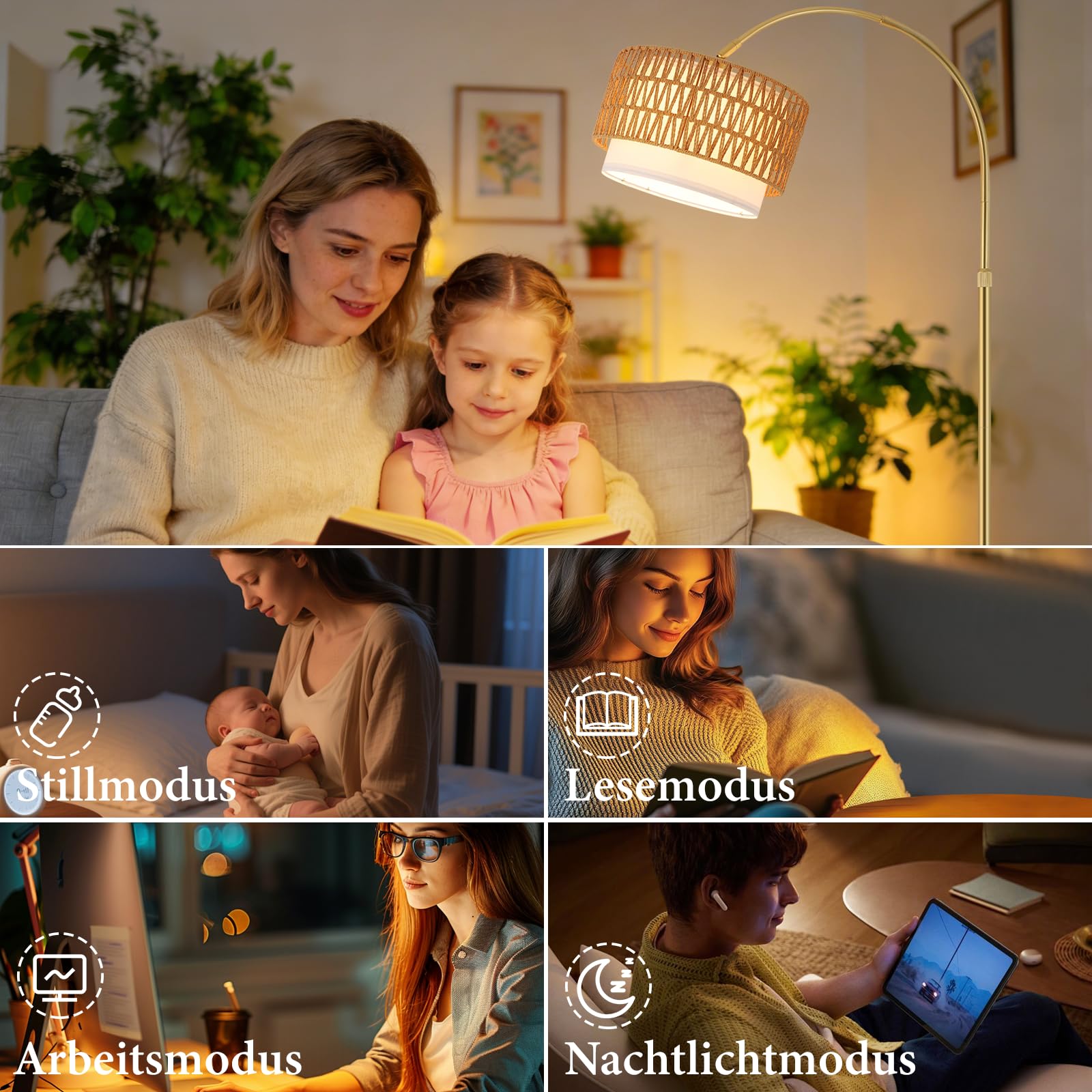 Lampada da terra ad arco per soggiorno, stile boho dorato: lampada da terra in rattan, dimmerabile con telecomando, lampada ad arco incl. 1 LED da 9 W adatta per ufficio e camera da letto