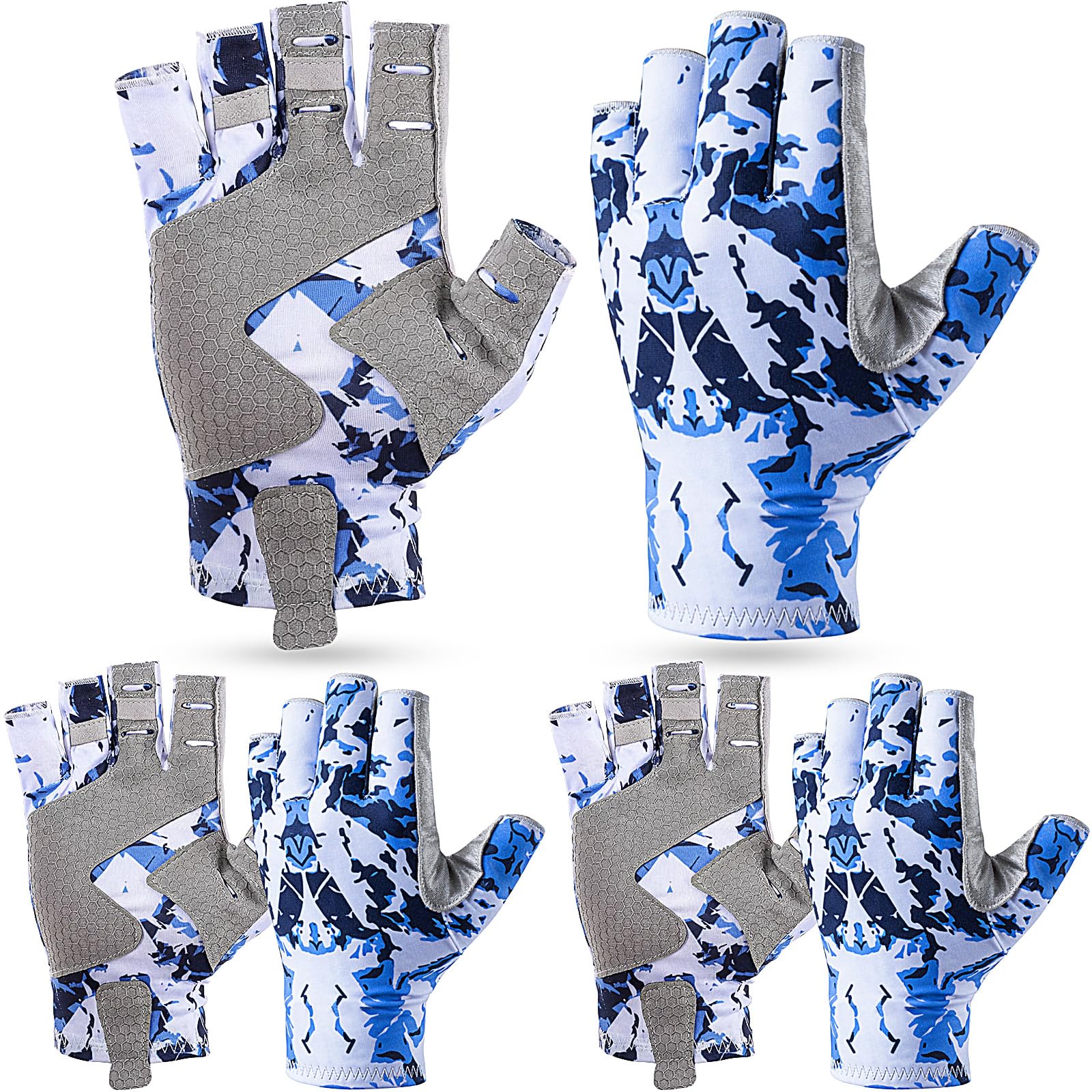 Unittype 3 Pairs Fishing Gloves, UPF50 Fingerless Sun Protection Gloves for Outdoor Fishing, Breathable Non-Slip Grip, Sky Blue