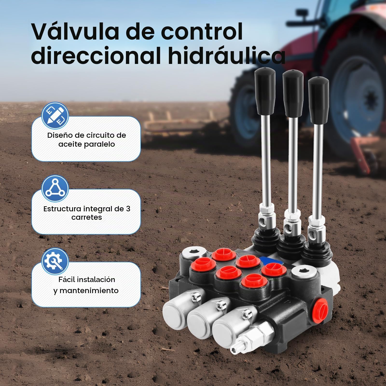 MINRS Válvula hidráulica, válvula de control manual, 3 velocidades, 3600 psi, 60 l/min, cilindro hidráulico de doble efecto, válvula de control direccional hidráulica para tractor, cargador, remolque