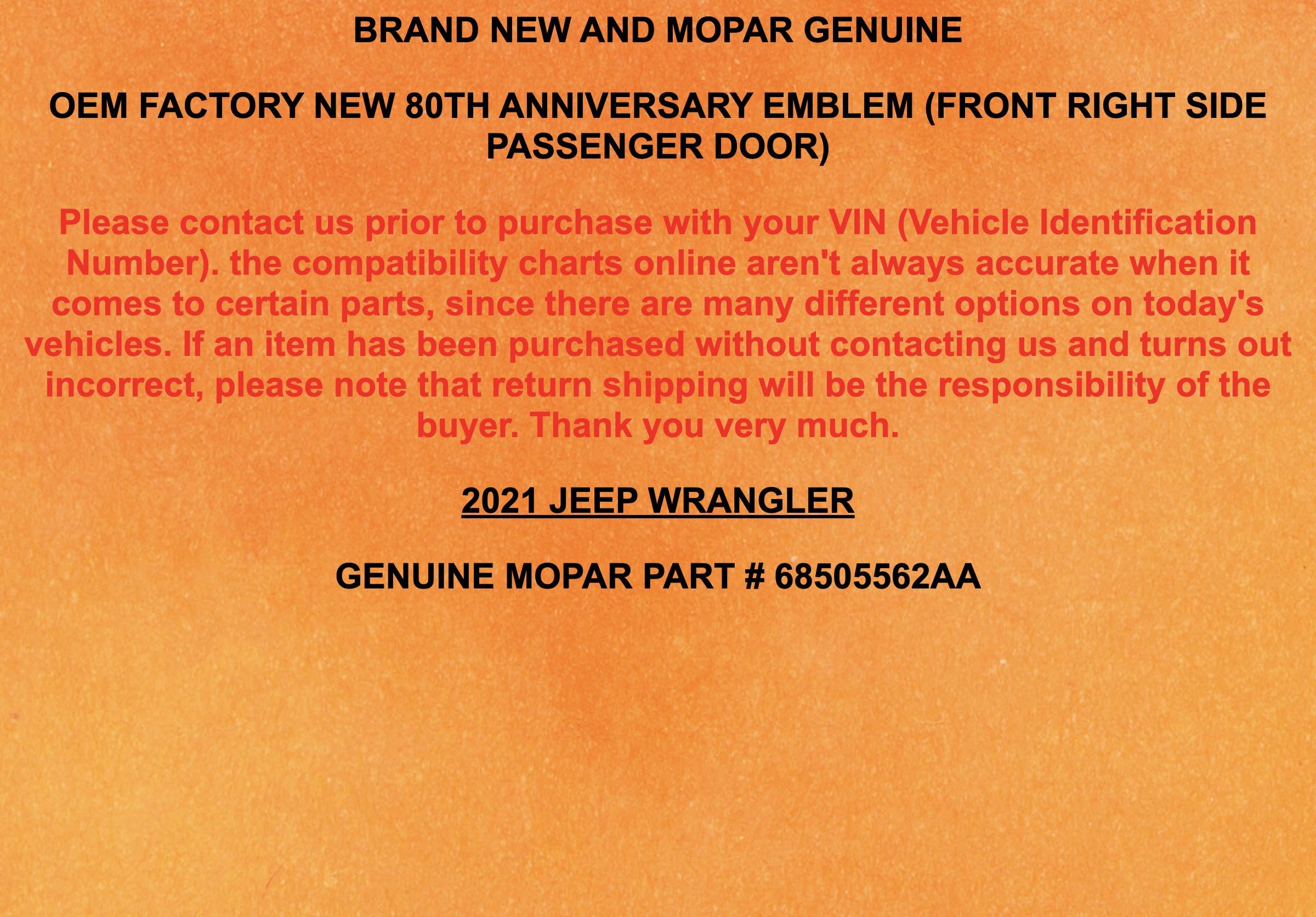 Amazon.com: 2021 80TH Front Right Door OEM 68505562AA 68505562AA 