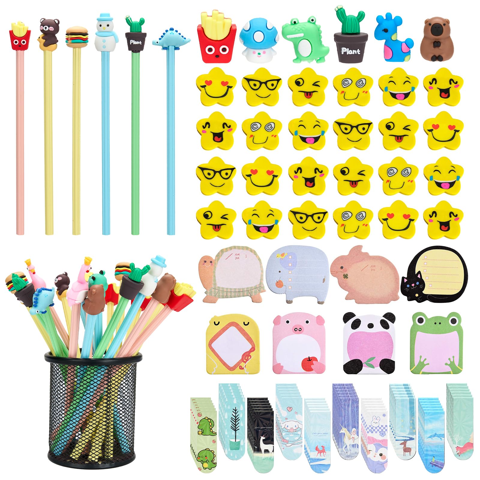Defresit Funky Stationery 25 Pencils and 30 Magnetic Bookmarks, 25 Sticky notes, 25 Erasers,105 Pack Funky Pencils Magnetic Set, Party Bag Fillers, Class Gifts And Kids Party Favours