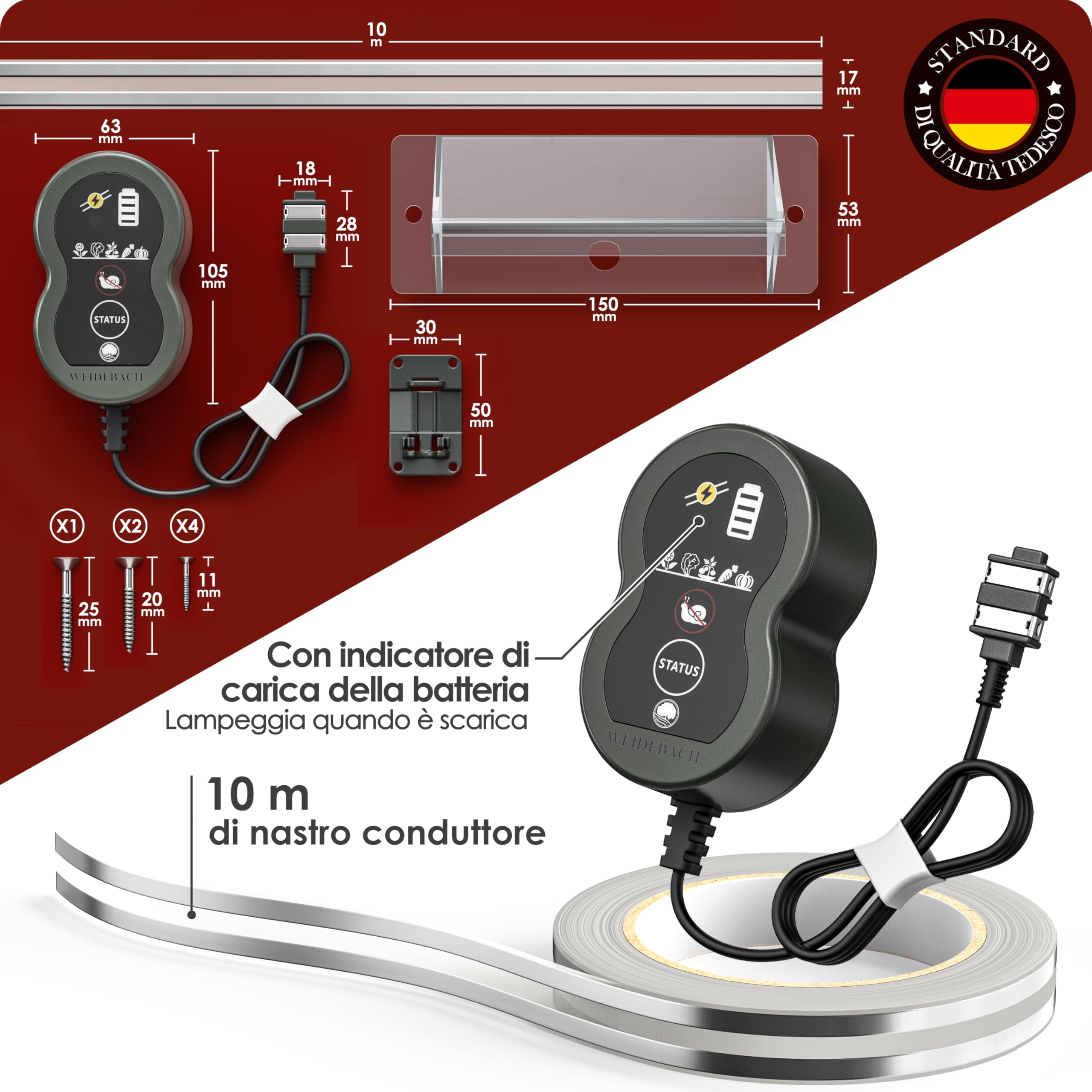 WEIDEBACH® Recinzione elettrica per lumache, set completo da 10 m, protezione contro lumache, aiuole rialzate, recinti per lumache, barriera per lumache, nastro in rame, alternativa, snailstop, lunga