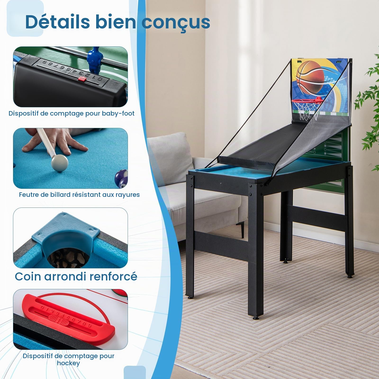 HOMASIS 14 en 1 Table Multijeux avec Baby-Foot, Basket, Billard, Hockey, Ping-Pong, Echecs, Dames, Backgammon,Cartes de Poker, etc,pour Enfants et Adultes, pour Fêtes et Réunions