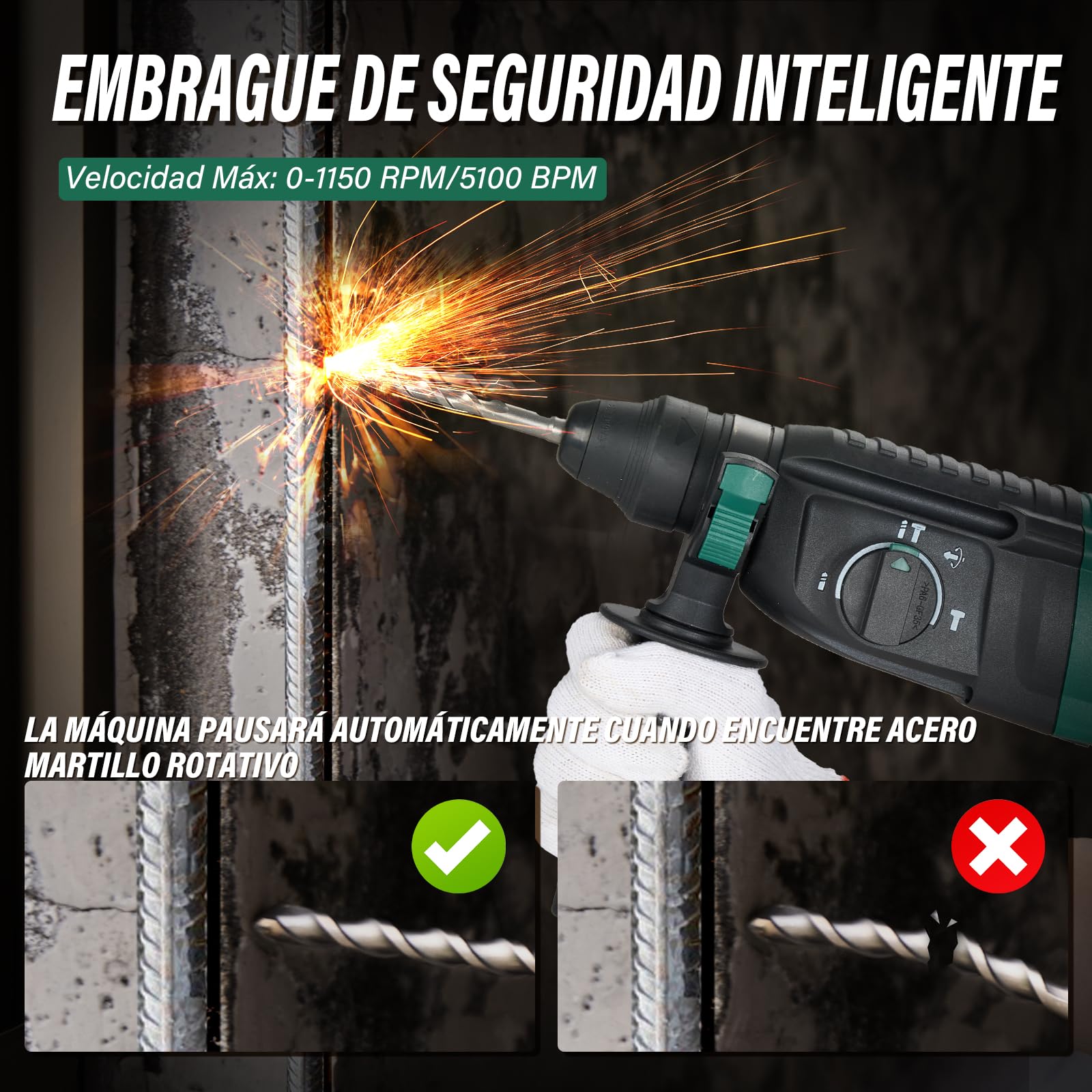 Taladro Percutor con cable SDS Plus 950W STANEW, Martillo perforador con 0-1150RPM/5100BPM con 4 funciones y embrague de seguridad, mango giratorio de 360°