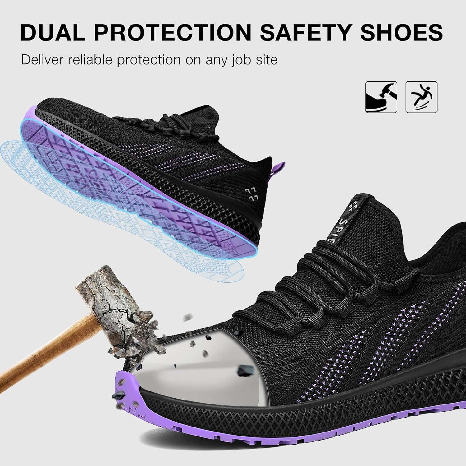 SPIEZ Safety Shoes for Women, Lightweight Composite Toe Work Shoes, Slip-On Non Slip Fashion Sneakers for Daily Wear Black Purple US 5-9.5 - Image 3