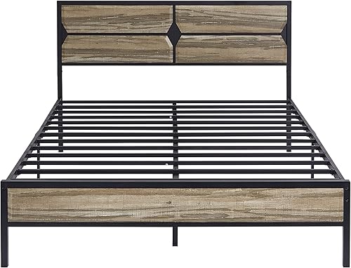 Miniatura 7 de VECELO Base de cama de plataforma de metal tamaño Queen con cabecera de madera base de colchón soporte de listones de acero premium no necesita