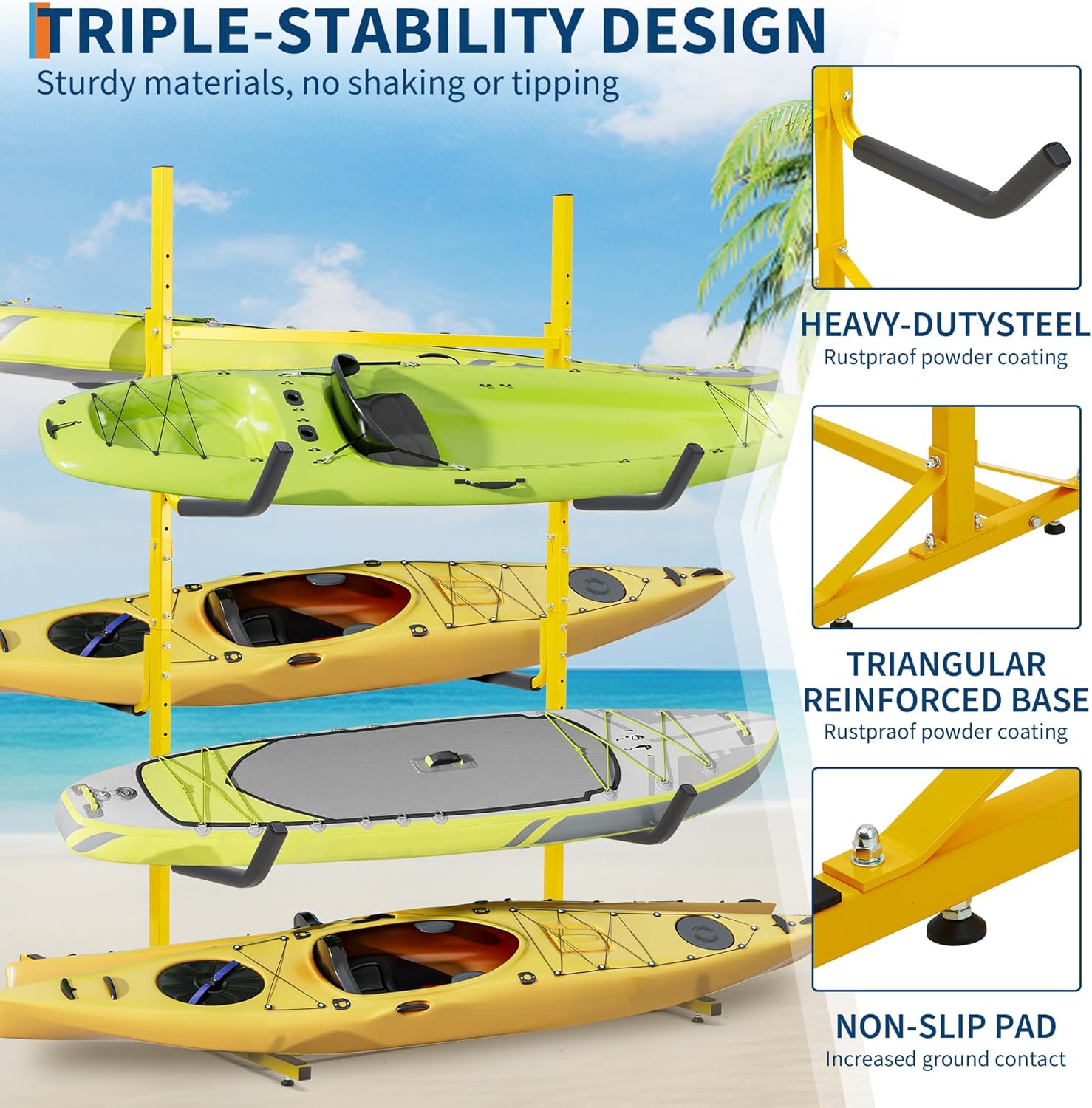 Garvee Kayak Storage Rack, Kayak Stand for 4 Kayak Canoe Paddleboard, Heavy-Duty Steel Kayak Hanger Holder with Padded Arms and Adjustable Width,Hold Up to 530 LBS for Indoor Outdoor Storage