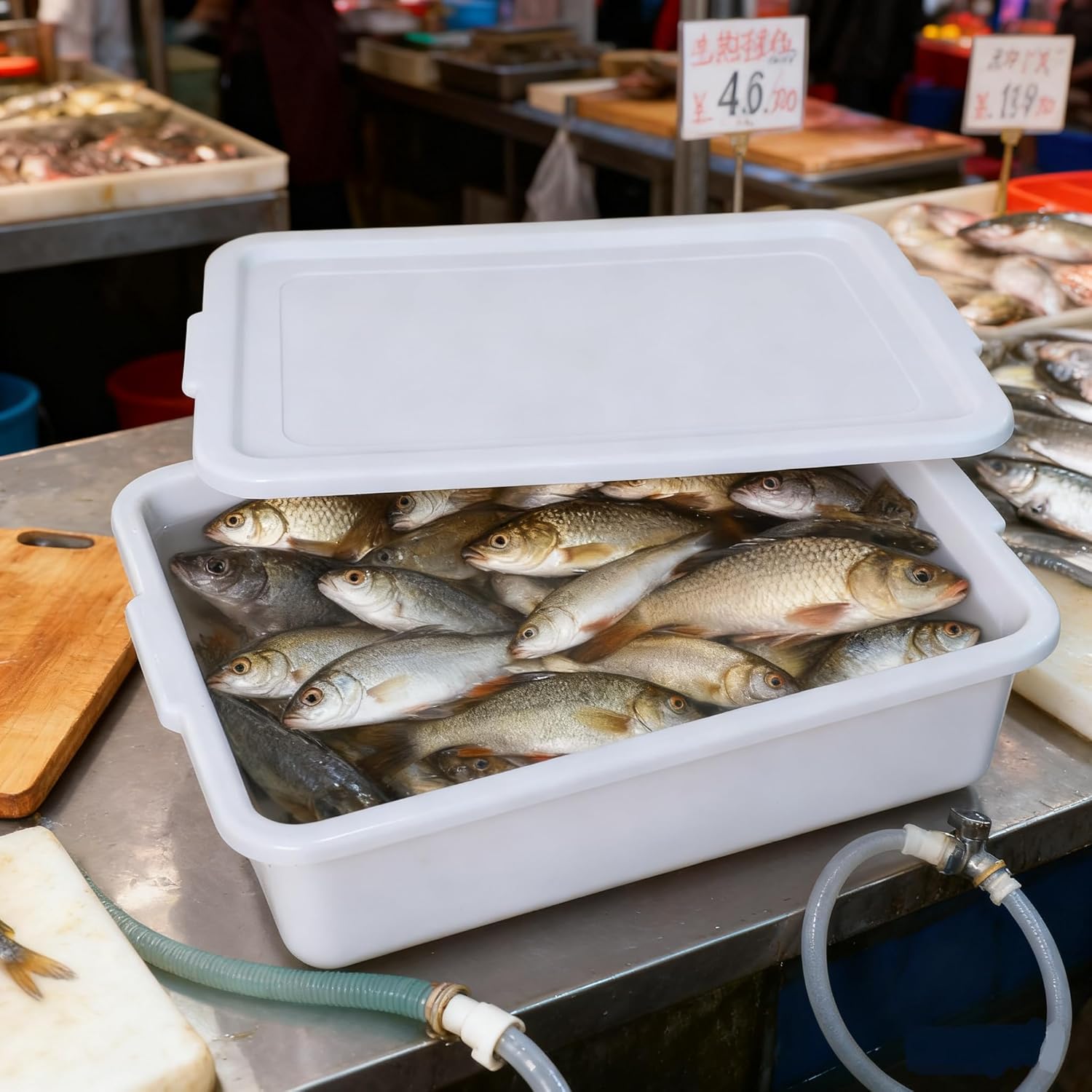13 L Plastic Restaurant Dish Tub, Commercial Utility Bus Boxes with Lids, 3 Packs, Gray