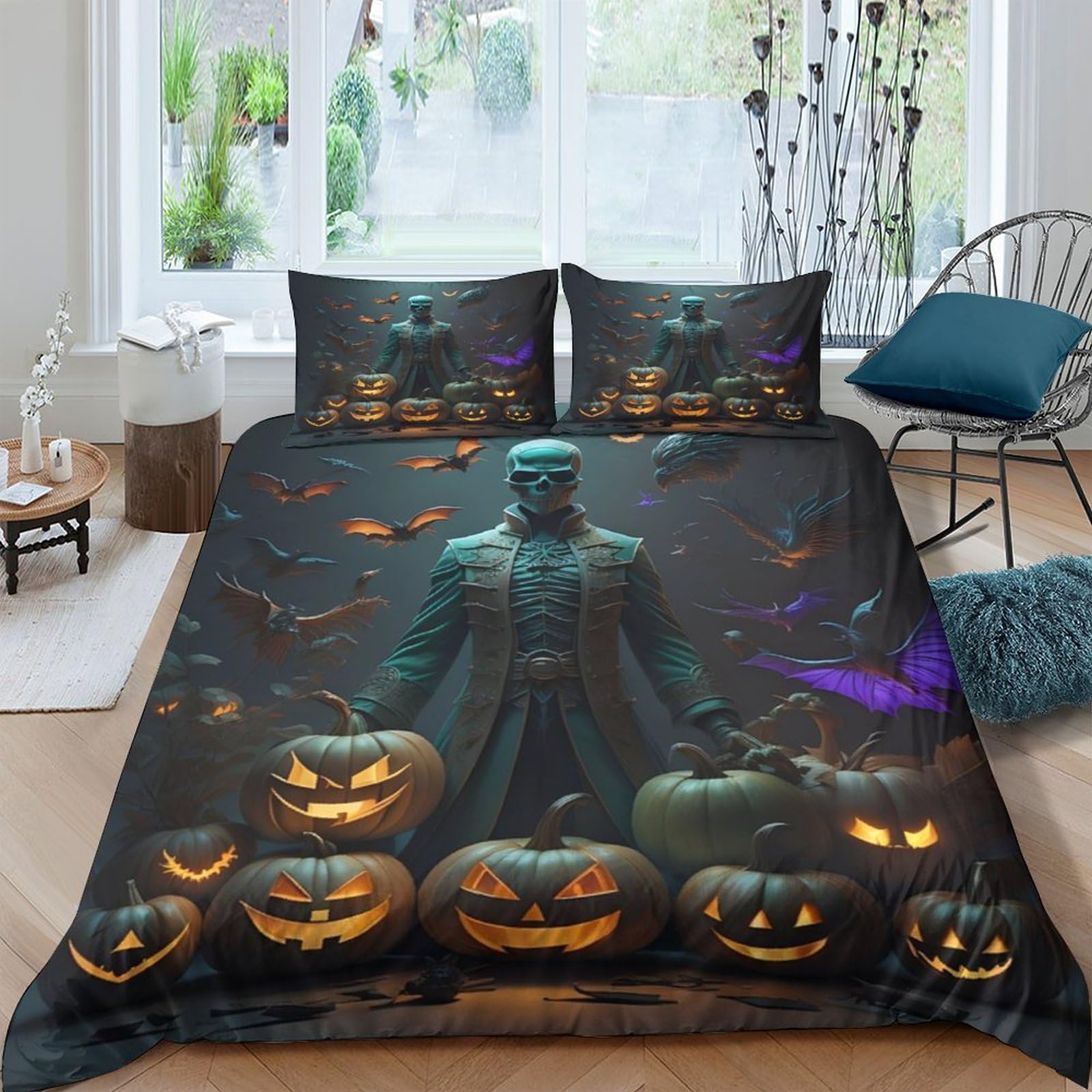 MYPALL Terror Pumpkin Bedding Set 3D Printed Comforter Cover Microfiber for Childrens And Adults Halloween Skeleton Duvet Cover Set With Pillowcase Quilt Covers Bedding Set King（220x240cm）