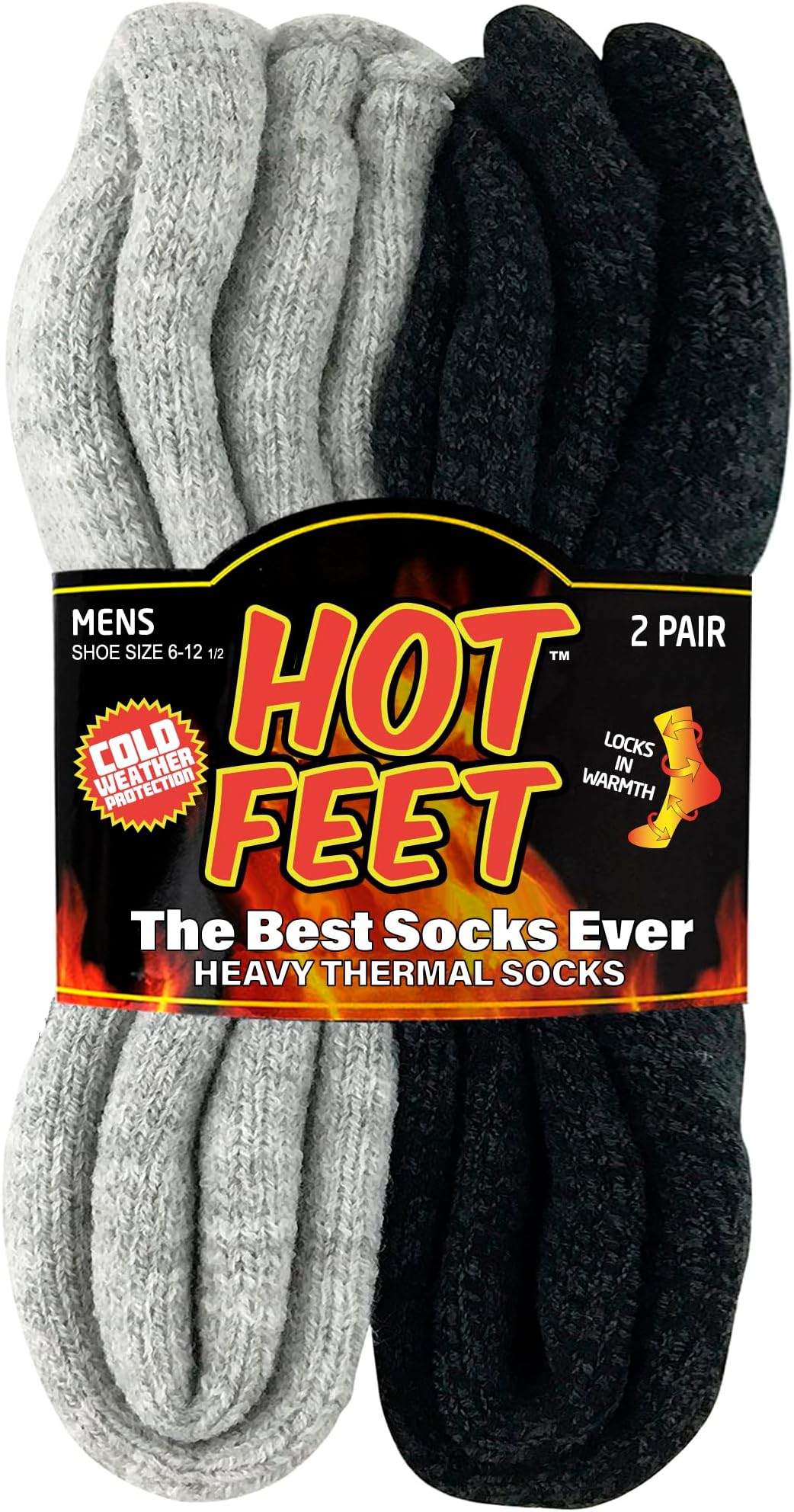 Hot Feet Cozy, Heated Thermal Socks for Men, Warm, Patterned 2 Pack Crew Socks, USA Men’s Shoe Sizes 6 – 12.5, Black Heather/Gray Heather, One Size