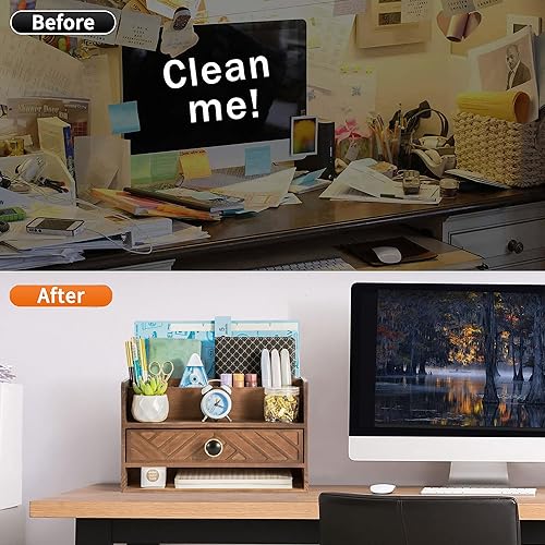 Miniatura 4 de Brown Wood Desk Organizer and Accessories with Drawer, Bill Mail Organizer and File Mail Holder for Office Supplies, Desk Accessories & Workspace