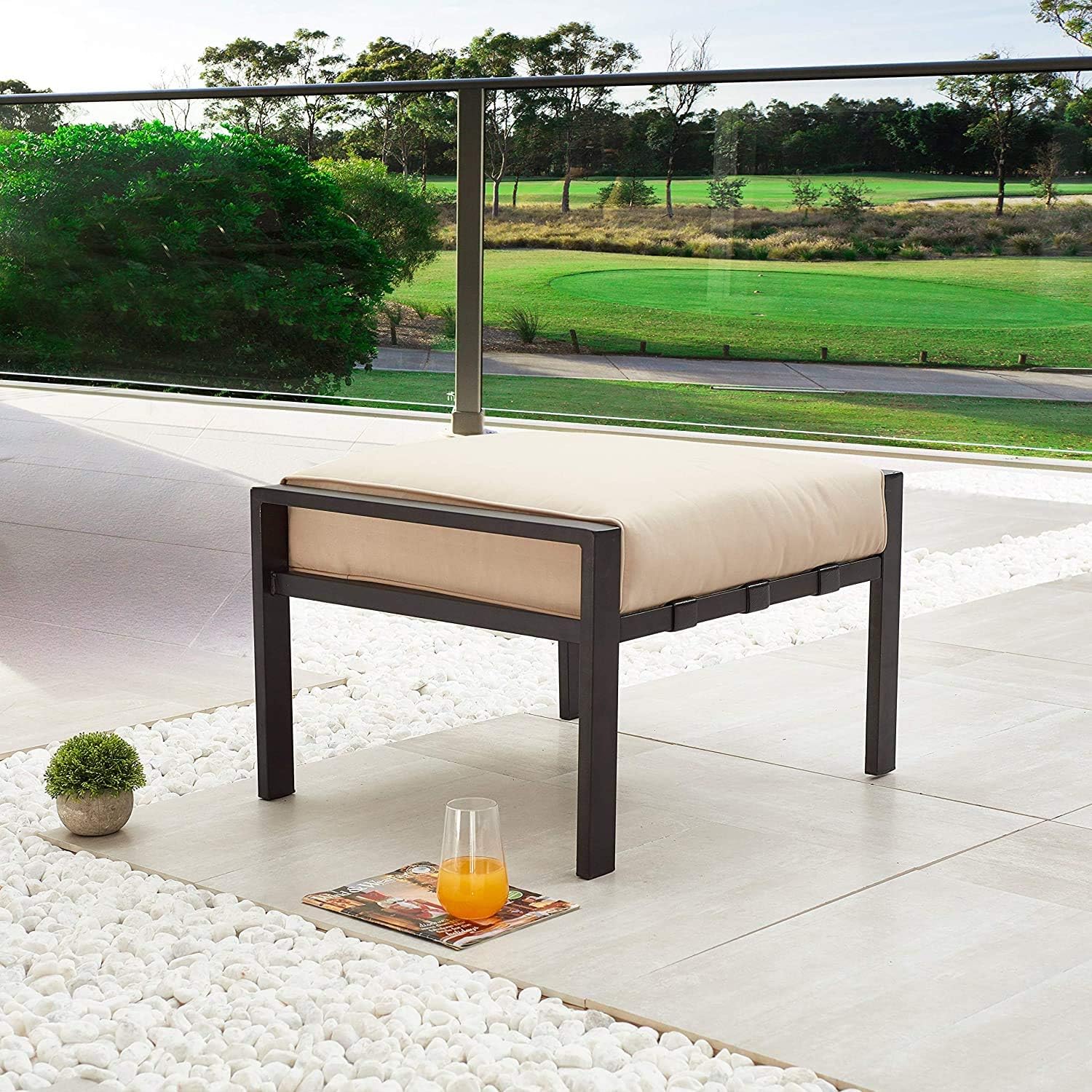 OGFC 45132 Home Outdoor Ottoman Patio Footstool Small Seat Furniture with Soft Thick Cushion for Garden Yard Deck Poolside, Bed Room Living Room, Balcony Black.