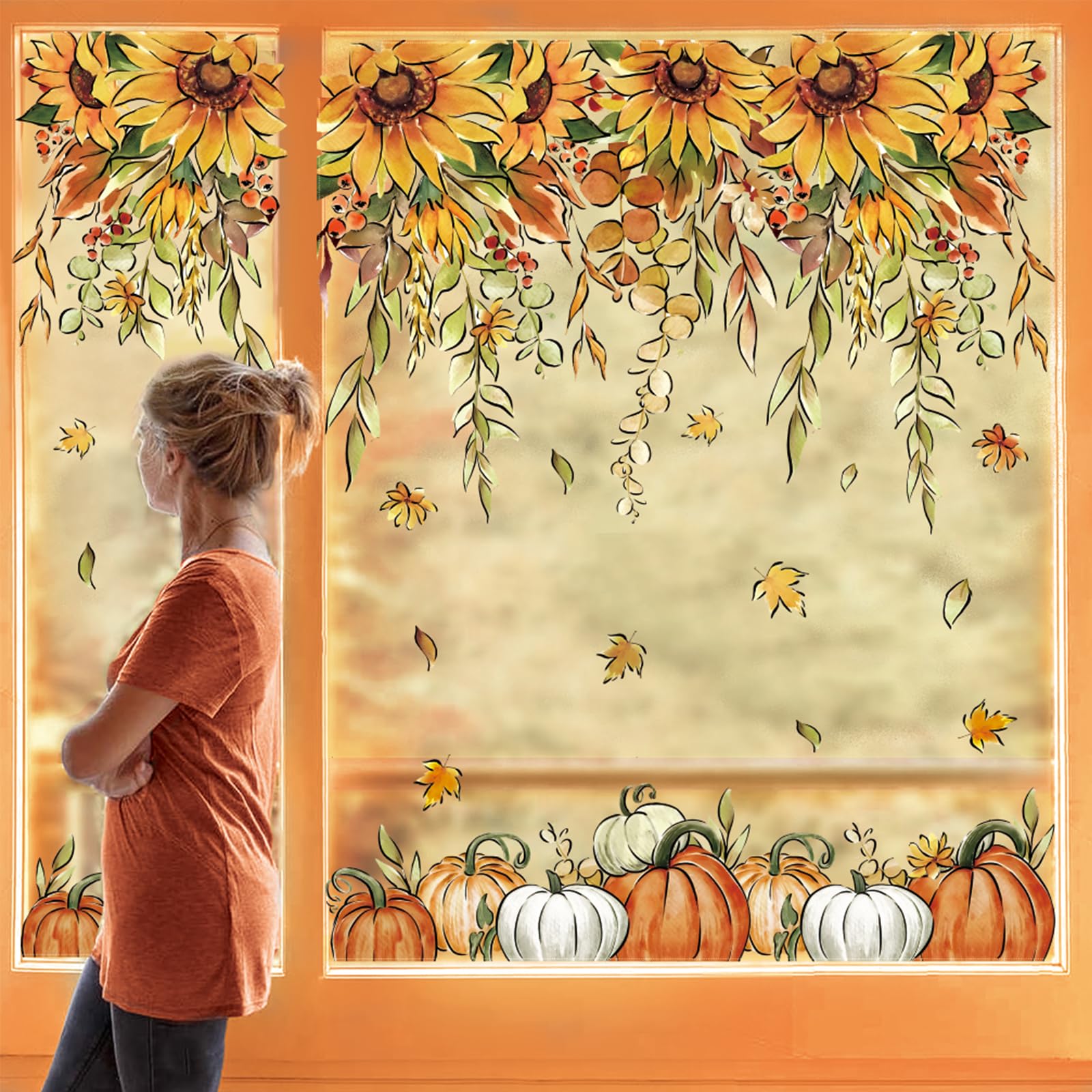 Whaline 9 Sheets Fall Sunflower Window Clings Hanging Flower Vine Pumpkin Window Stickers Autumn Floral Static Reusable Window Decals for Harvest