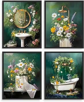 Dazzlewall 4pcs Green Botanical Bathroom Wall Art Poster, Dark Green Wildflowers Leaves Picture Print Washbasin Toilet Bathtub Canvas Prints, 8x10 in Unframed