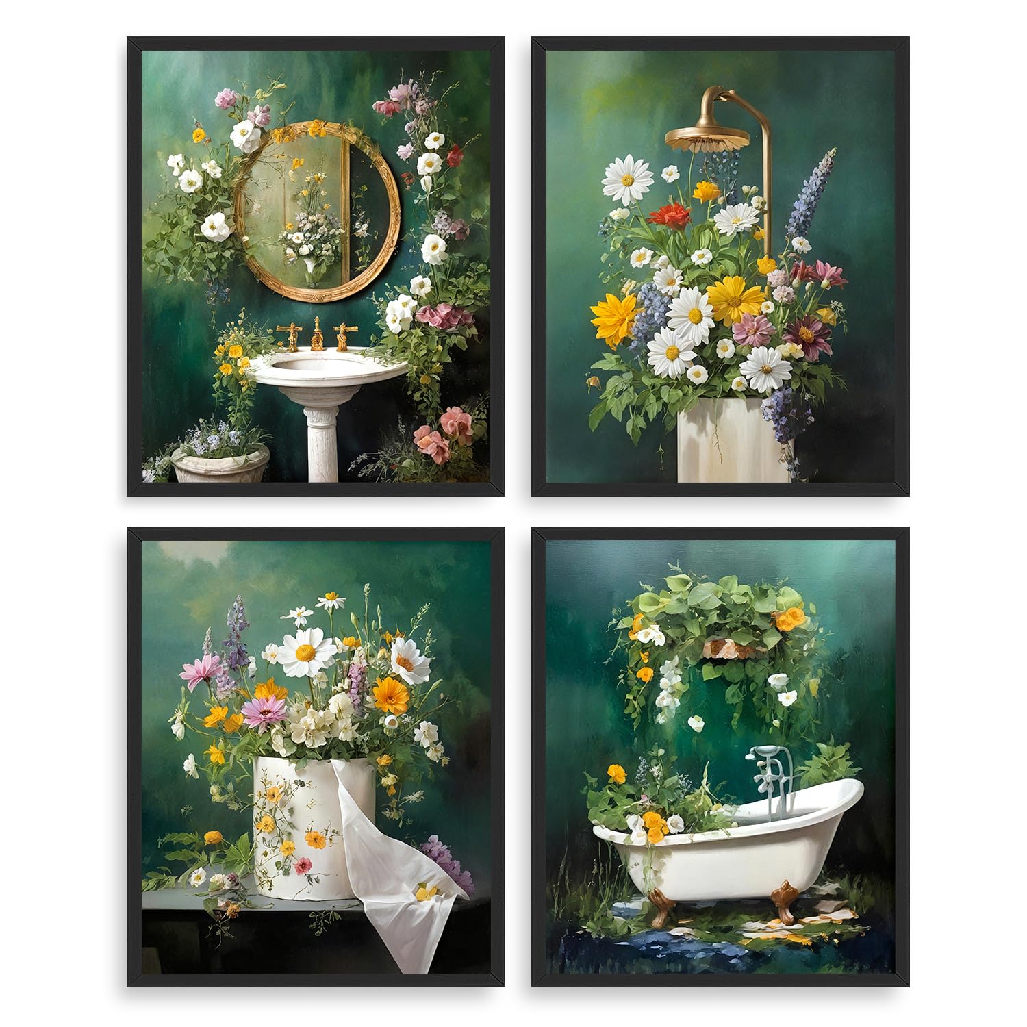 Dazzlewall 4Pcs Botanical Bathroom Wall Art Set,Vintage Greenery Floral Bathtub Sink Shower Canvas Pictures Prints for Bathroom Toilet Decor 8x10 in Unframed