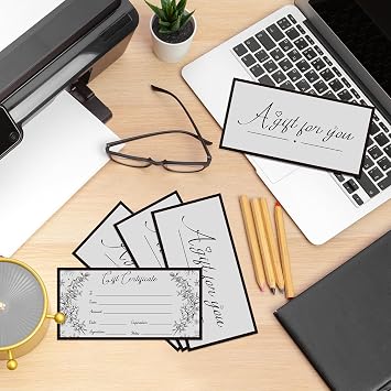 Spiareal 50 Pcs Blank Gift Certificates for Small Businesses 3.75 x 7.5 Inches Double Sided Kraft Black Foil Certificate Cards Paper Vouchers for Hair Salons Spa Restaurants(Grey)