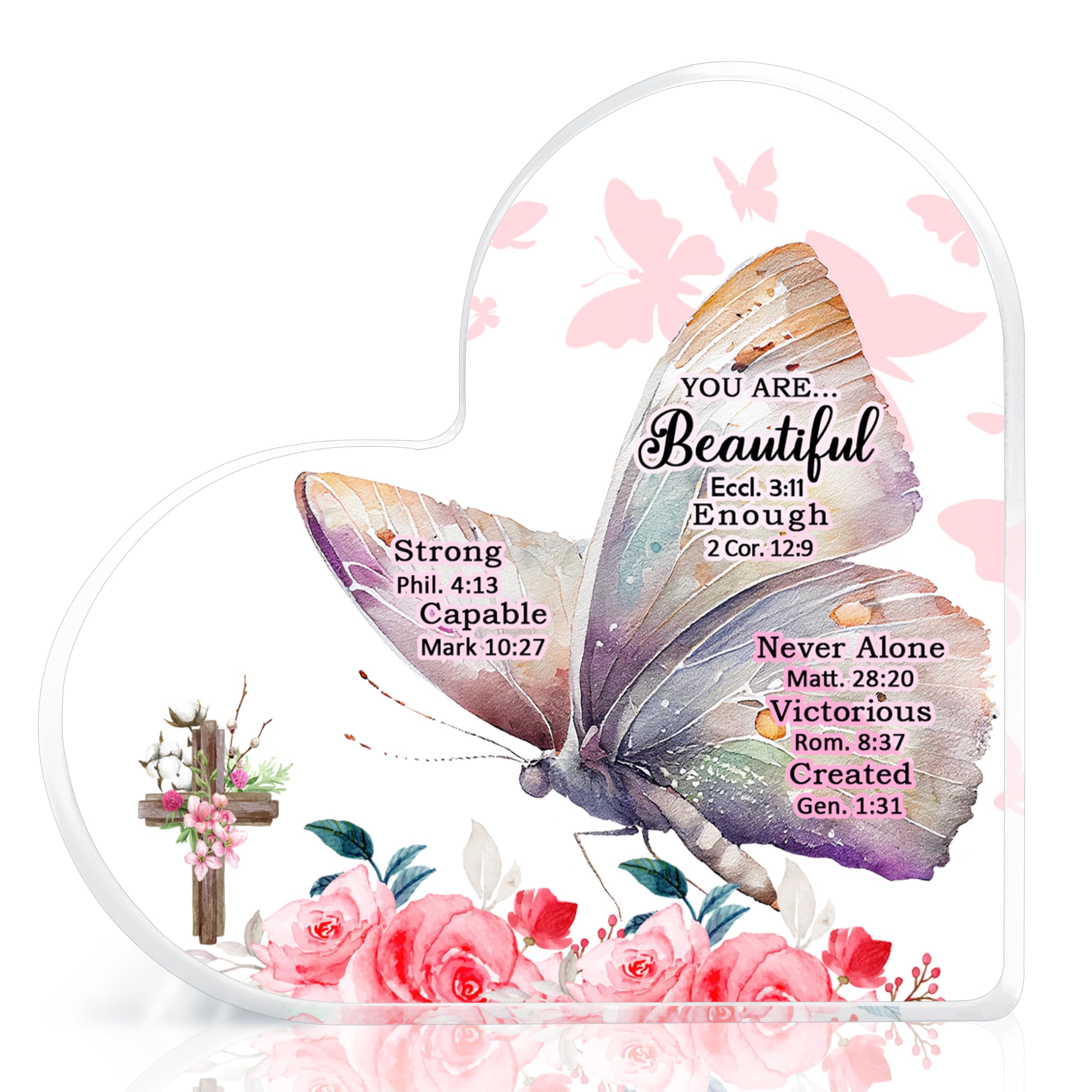 Christian Gifts for Women, Catholic Gifts, Religious Gifts, Inspirational Gifts with Bible Verse and Prayers, Pink Butterfly Acrylic Hearts Decoration for Friend Home Office (With God)