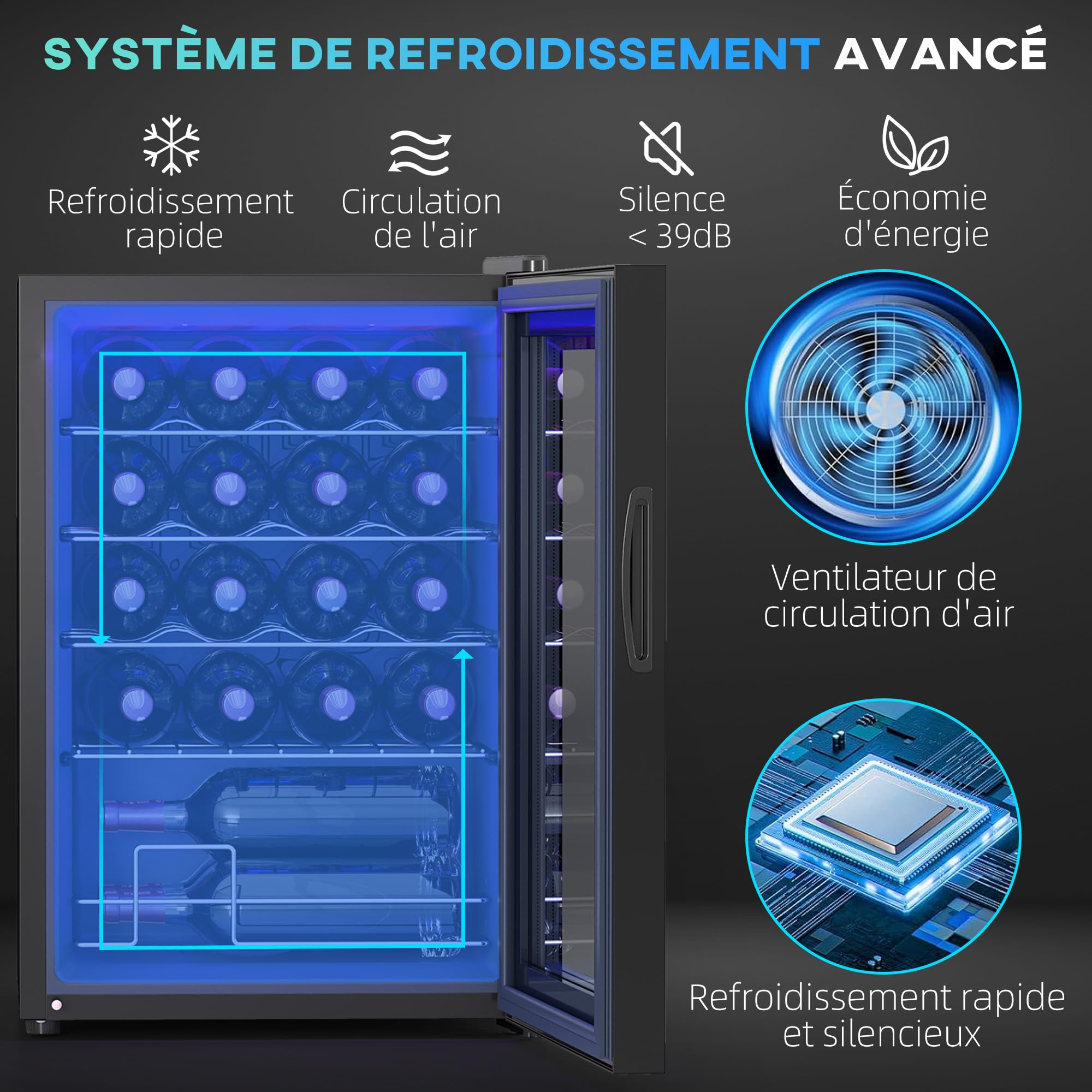 HOMCOM Cave à Vin 20 Bouteilles 53L, Réfrigérateur à Vin Silencieux Porte Verre LED Écran Tactile Numérique Contrôle Température 5-18°C Protection UV Noir
