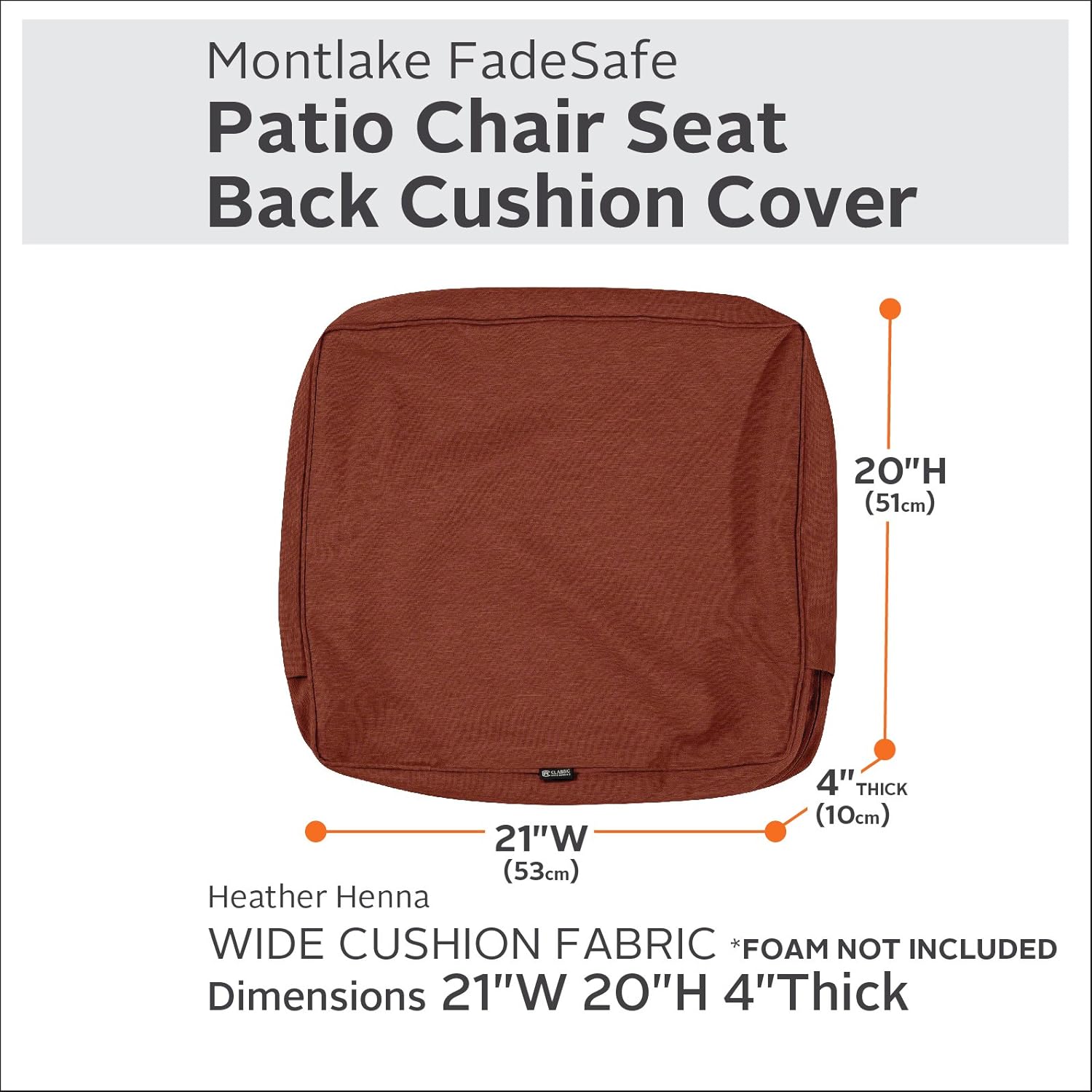Classic Accessories Montlake Water-Resistant 21 x 20 x 4 Inch Outdoor Back Cushion Slip Cover, Patio Furniture Cushion Cover, Heather Henna Red, Patio Furniture Cushion Covers