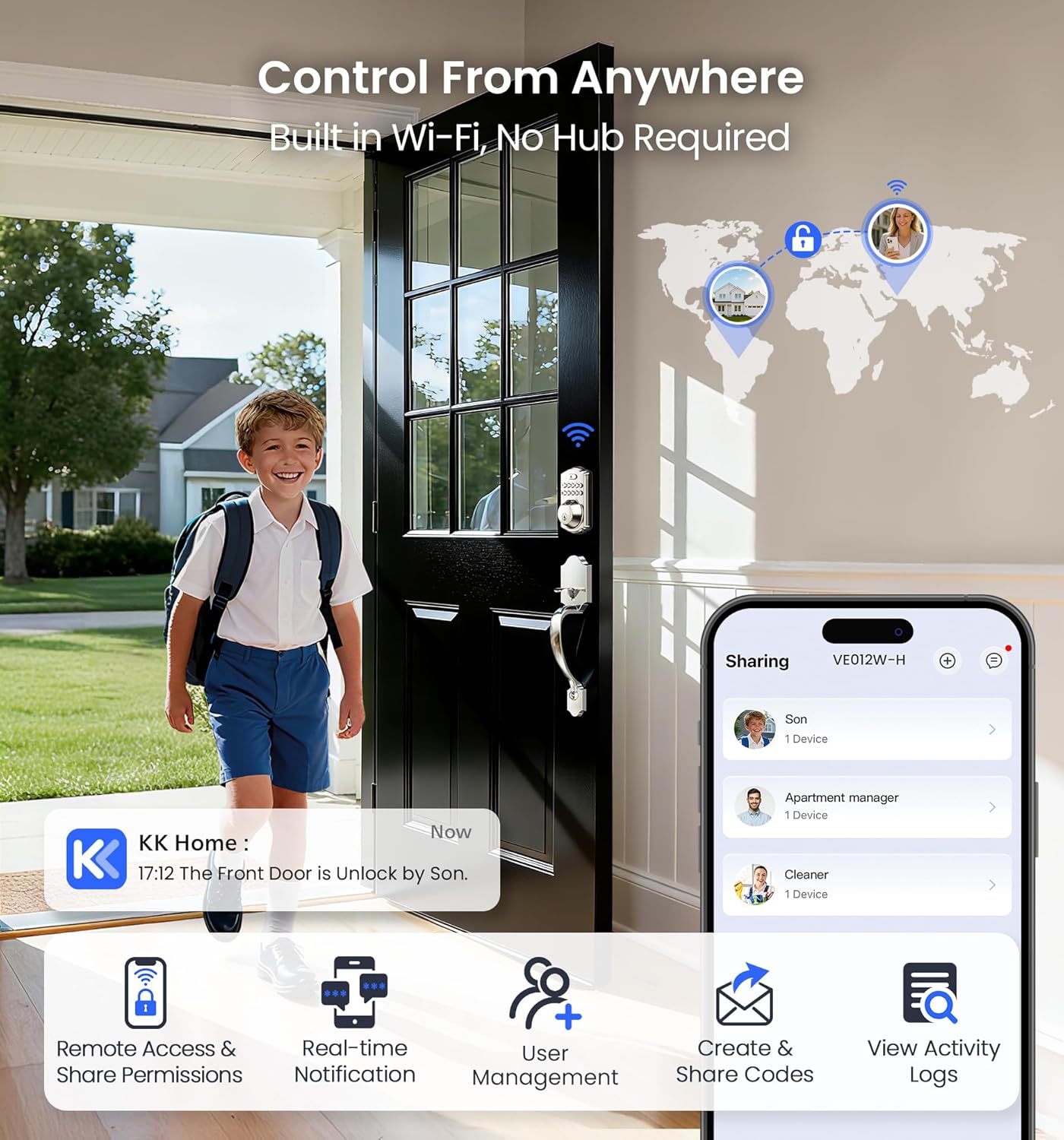 veise ve012w-h wifi smart front door lock set, built-in wifi, app remote & voice control, fingerprint keyless entry smart deadbolt with handle, backlit keypad, auto lock, ip55 waterproof, satin nickel