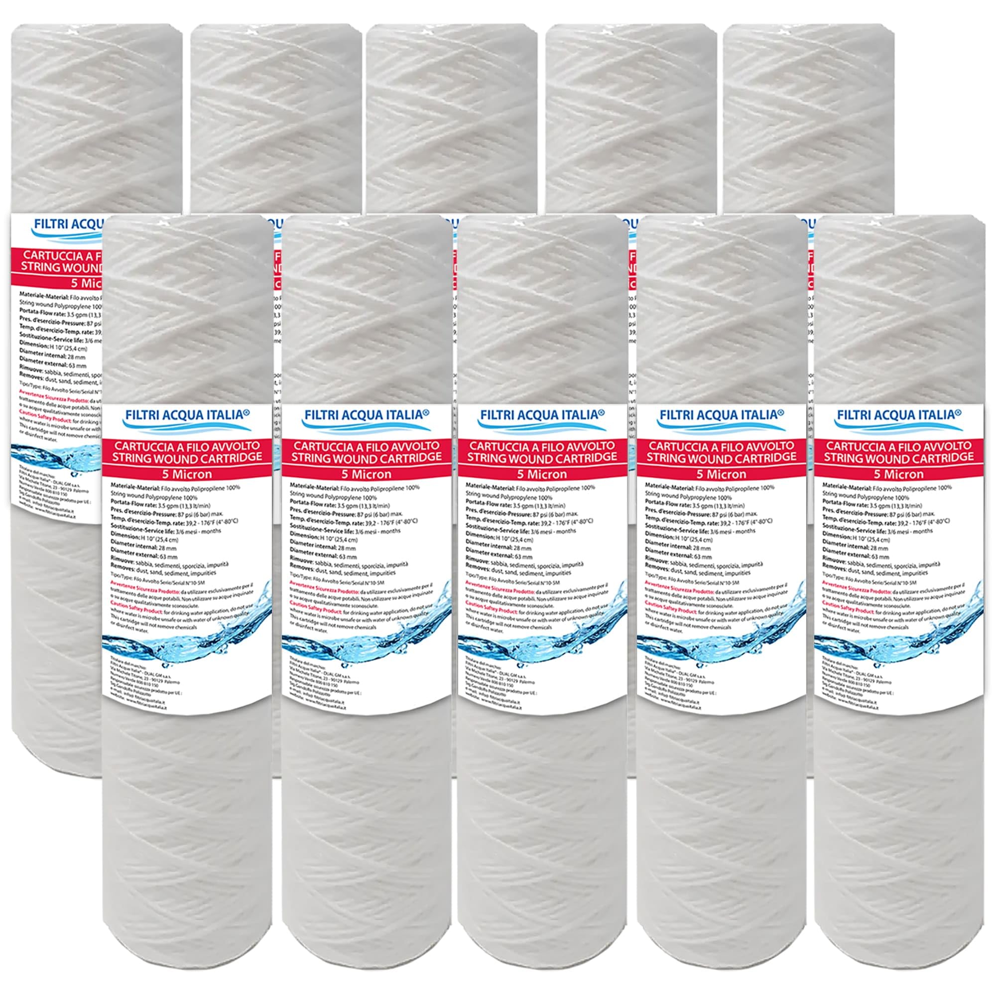 CARTUCCIA FILTRO ACQUA FILO AVVOLTO 10 POLLICI MICRON 5 Set 10 Pezzi