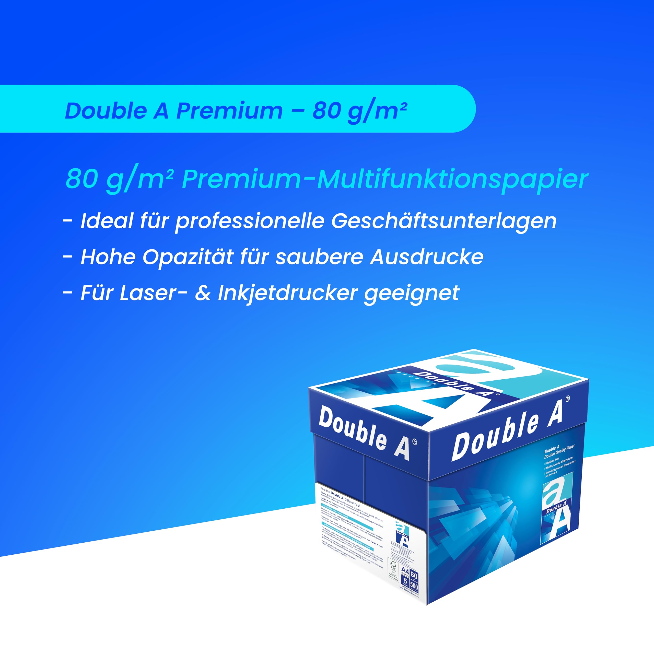 Double A Premium DIN A4 80 g/m² Kopierpapier, 2500 Blatt, Druckerpapier, hochweiß