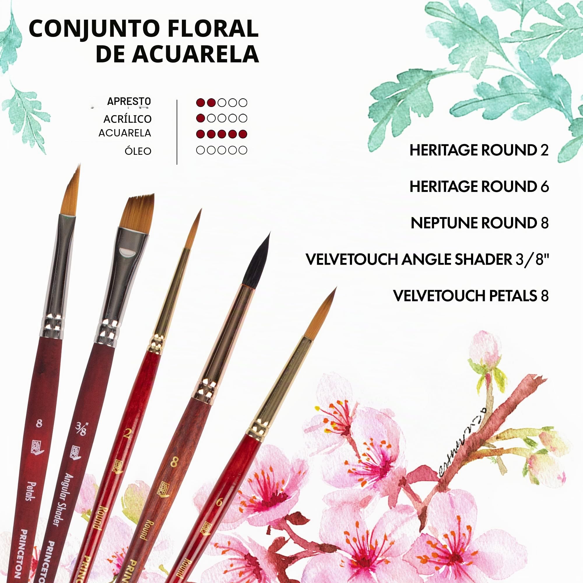 PRINCETON Artist Brush Set Acuarela Floral 5 Pinceles