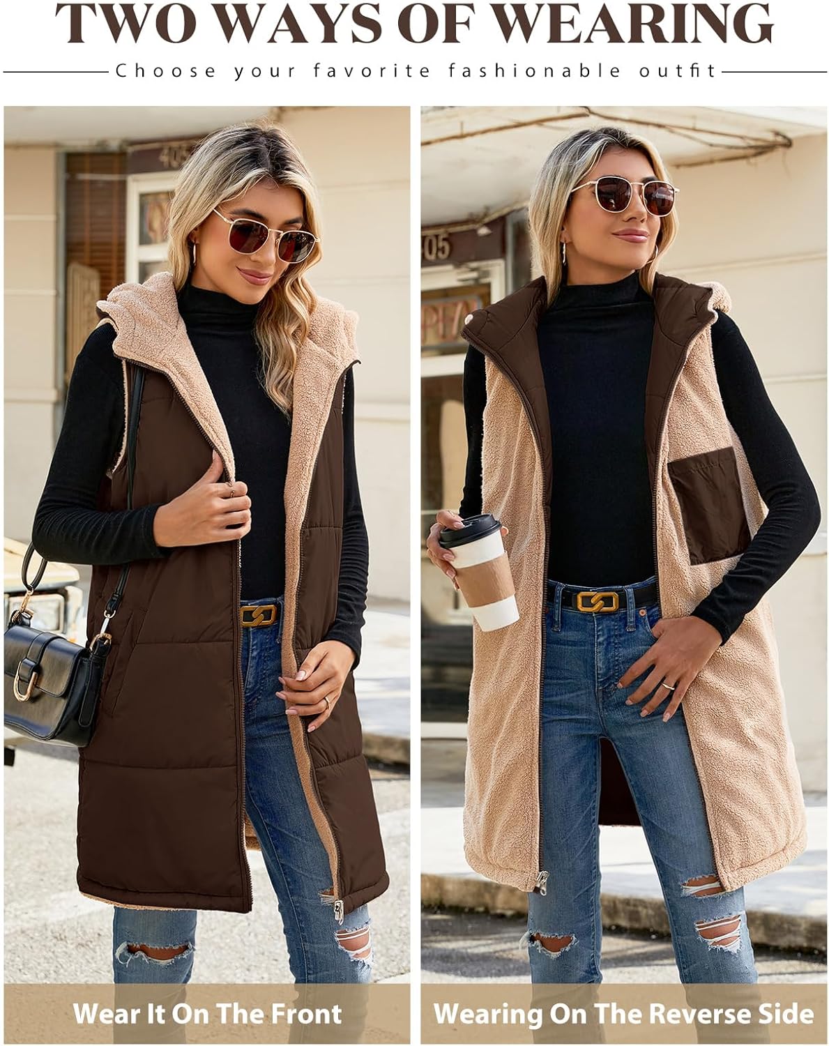 Womens Fall Reversible Vests Sleeveless Fleece Hoodie Jacket Zip Up Winter Warm Hooded Long Coat Outerwear with Pockets - Image 3