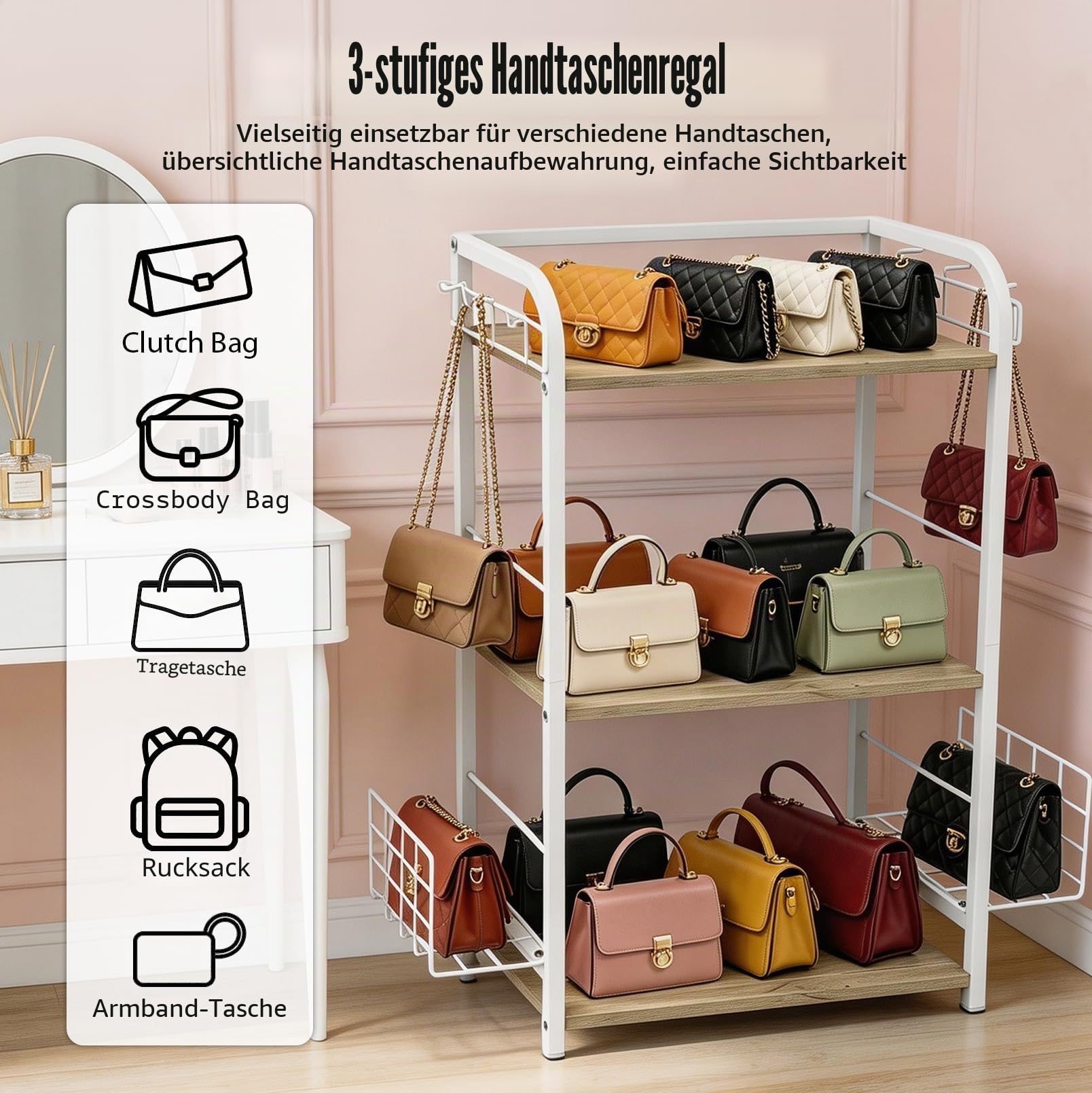 3-Stöckiges Handtaschen-Organizer-Regal, Freistehender Bag Storage Halter | Mit Verstellbarem Korb und Seitenhaken, Robuste Aufbewahrung, Für Kleiderschrank, Schlafzimmer, Wohnzimmer, Flur
