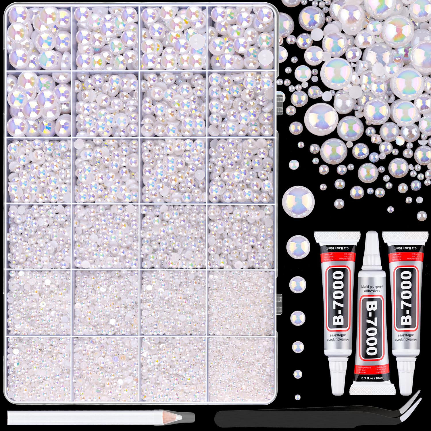 13000Pcs Flatback Pearls for Crafting (White AB), Assorted Size 2/3/4/5/6/8/10mm Half Pearl with 3Pcs 10ml B7000 Jewelry Glue, Bedazzling Bead for DIY