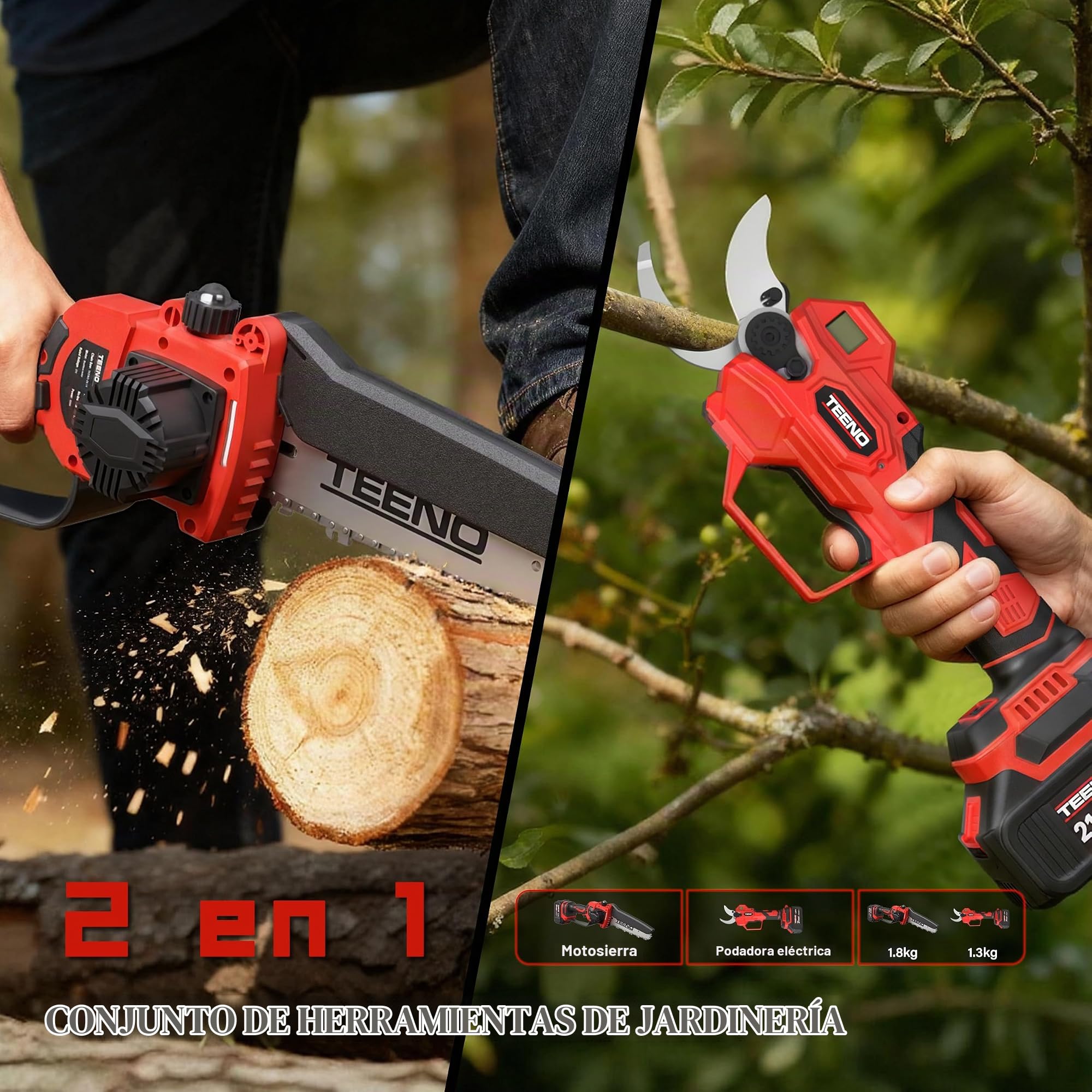 TEENO Mini Motosierra Telescopica 6 Pulgadas & Tijeras de Podar Eléctricas 40mm, 4 en 1 Kit de Herramientas de Jardín con 2 * 4000 mAh Baterías, Alcance hasta 2,8 m